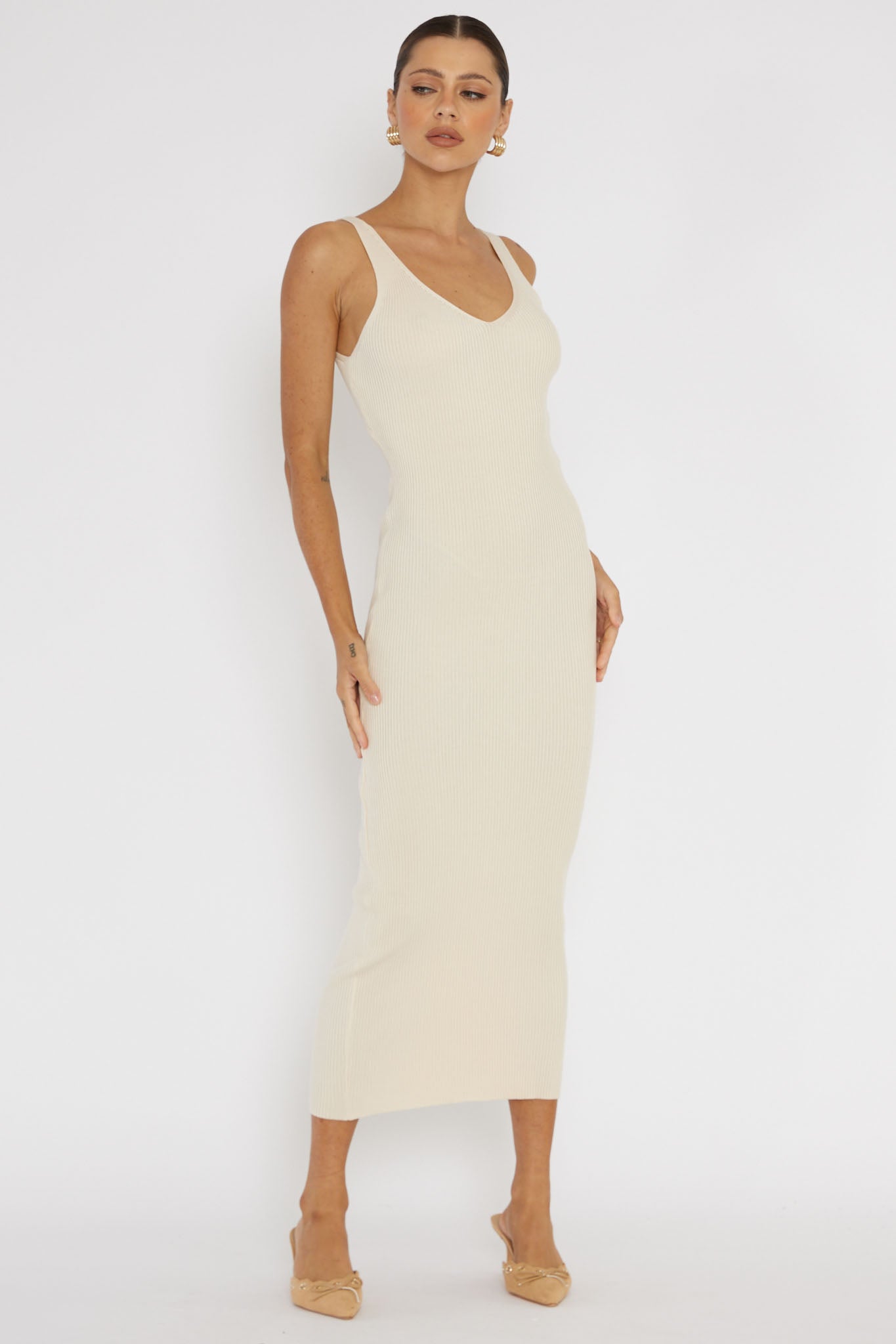 Linzi Lace-Up Back Knit Midi Dress Cream | Selfie Leslie