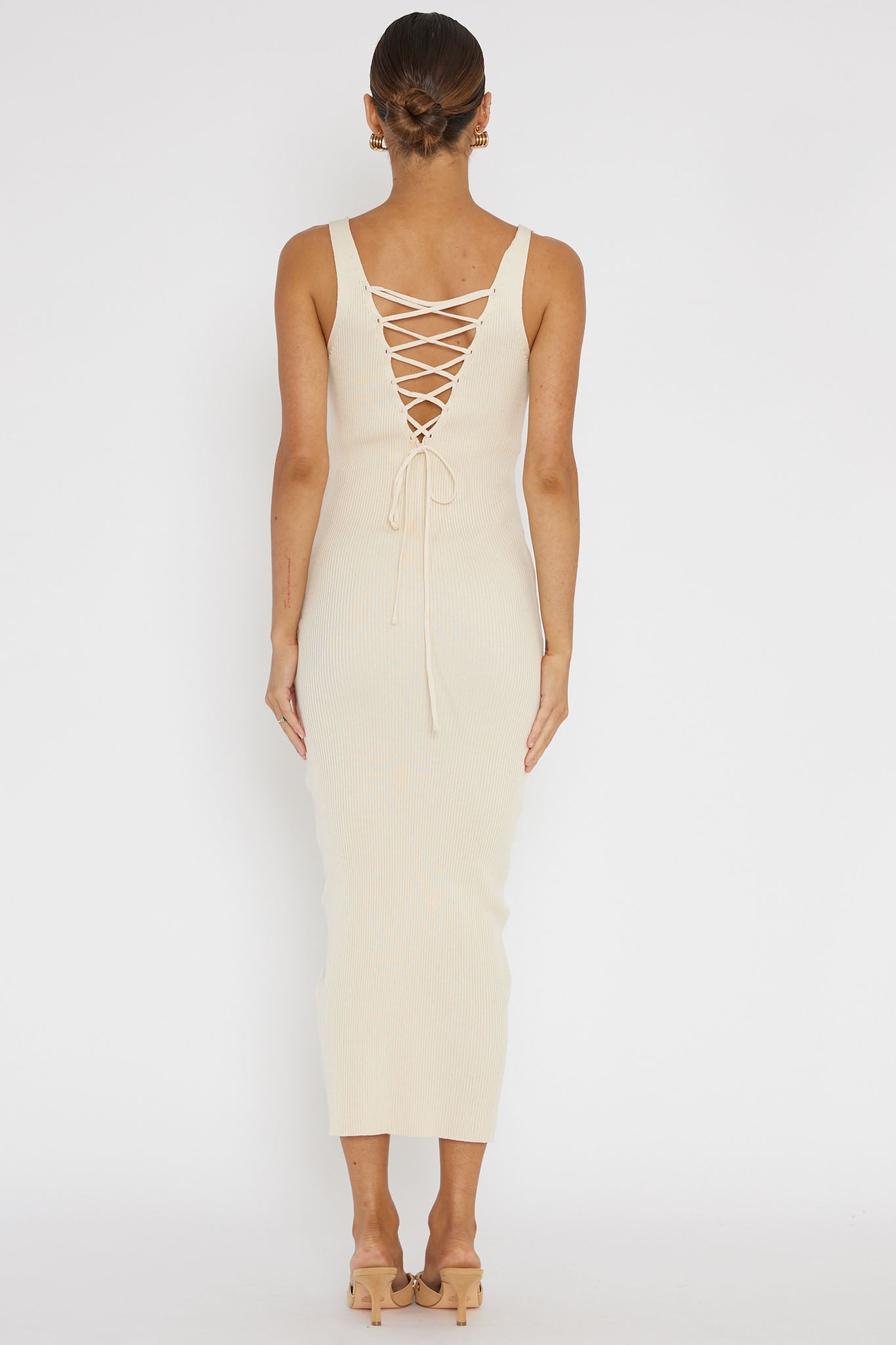 Linzi Lace-Up Back Knit Midi Dress Cream | Selfie Leslie
