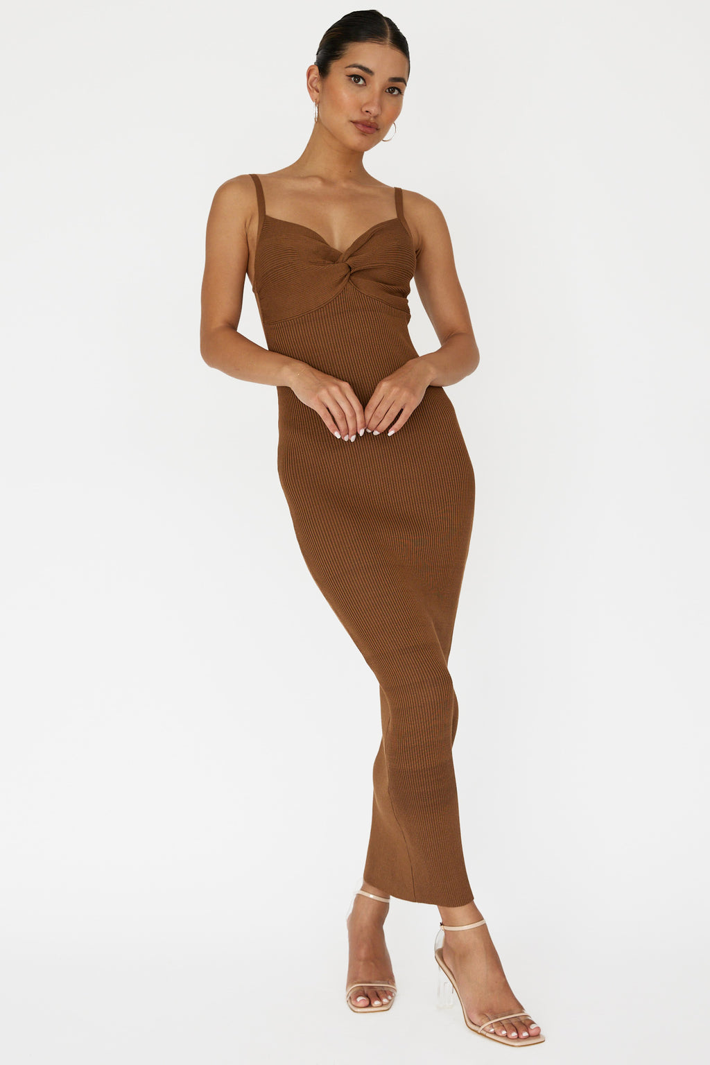Lover's High Twist Bust Knit Midi Dress Chocolate by Selfie Leslie