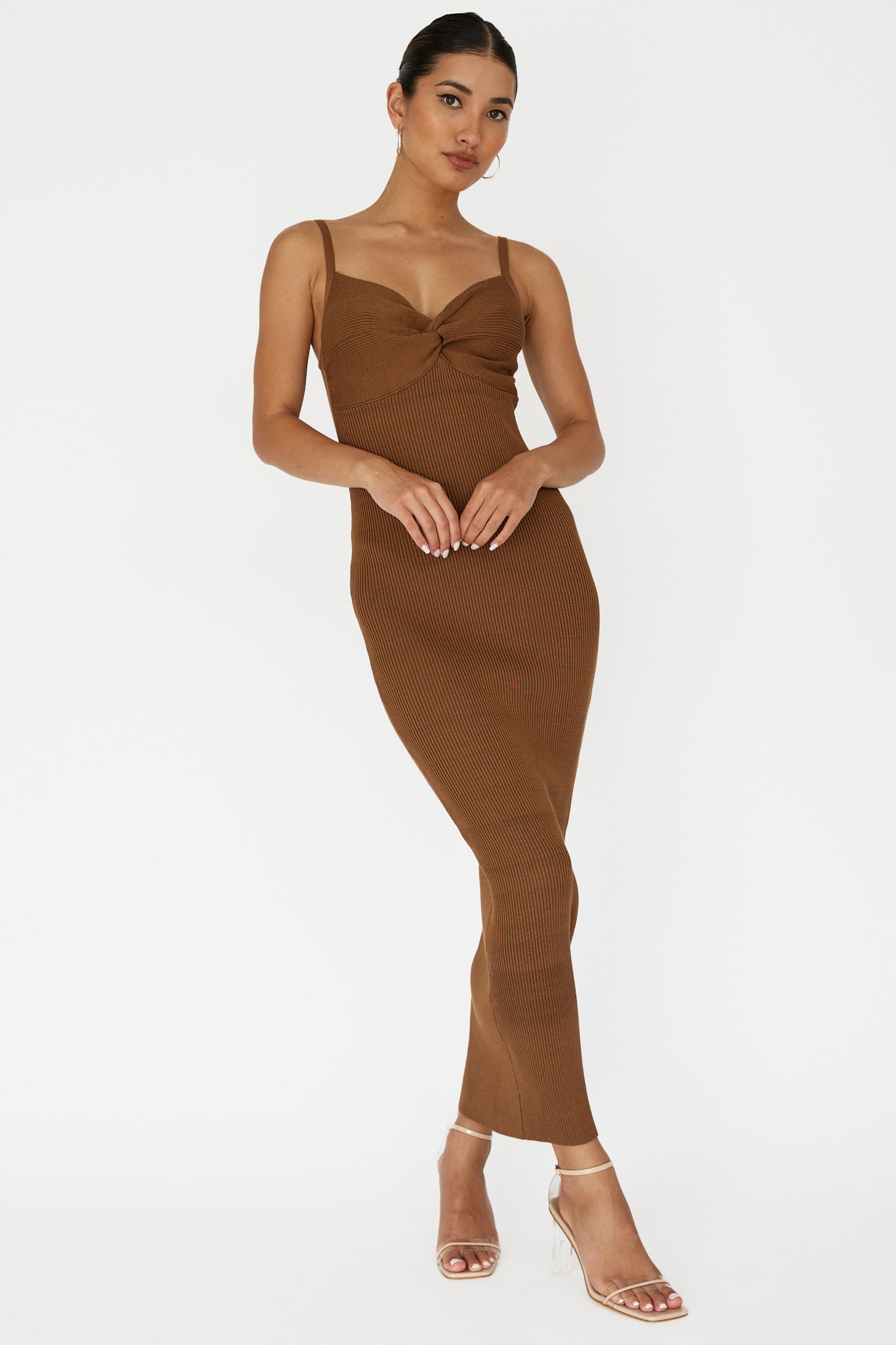 Lover's High Twist Bust Knit Midi Dress Chocolate by Selfie Leslie