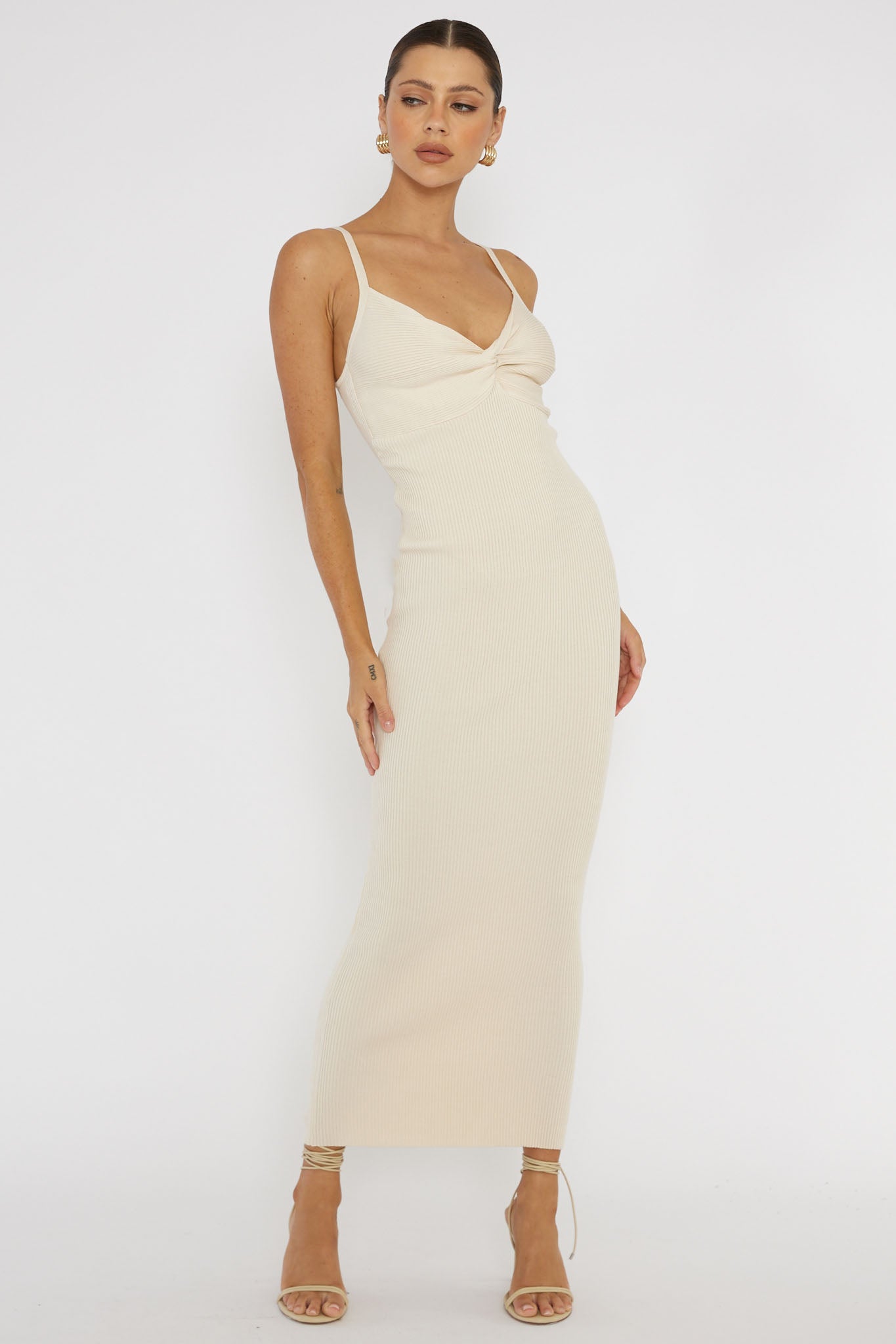Lover's High Twist Bust Knit Midi Dress Cream by Selfie Leslie