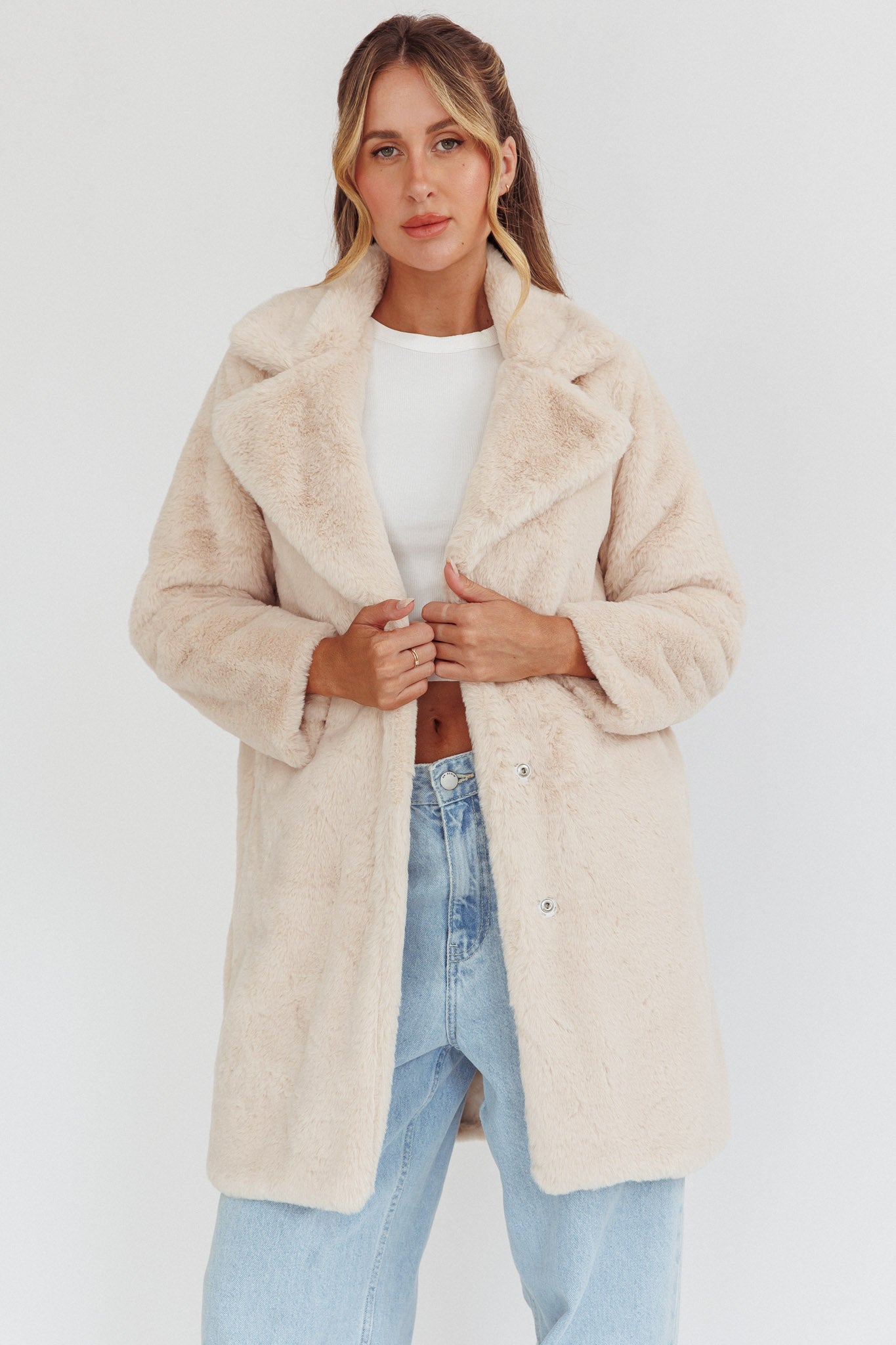 Perceptions Longline Faux Fur Coat Beige by Selfie Leslie
