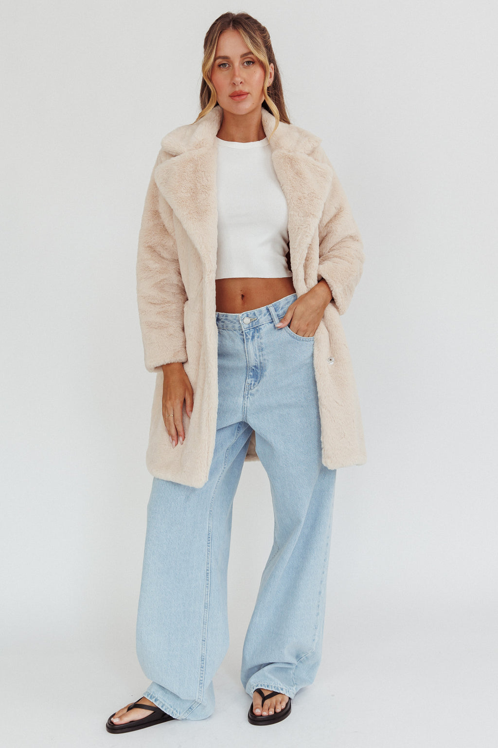 Perceptions Longline Faux Fur Coat Beige by Selfie Leslie