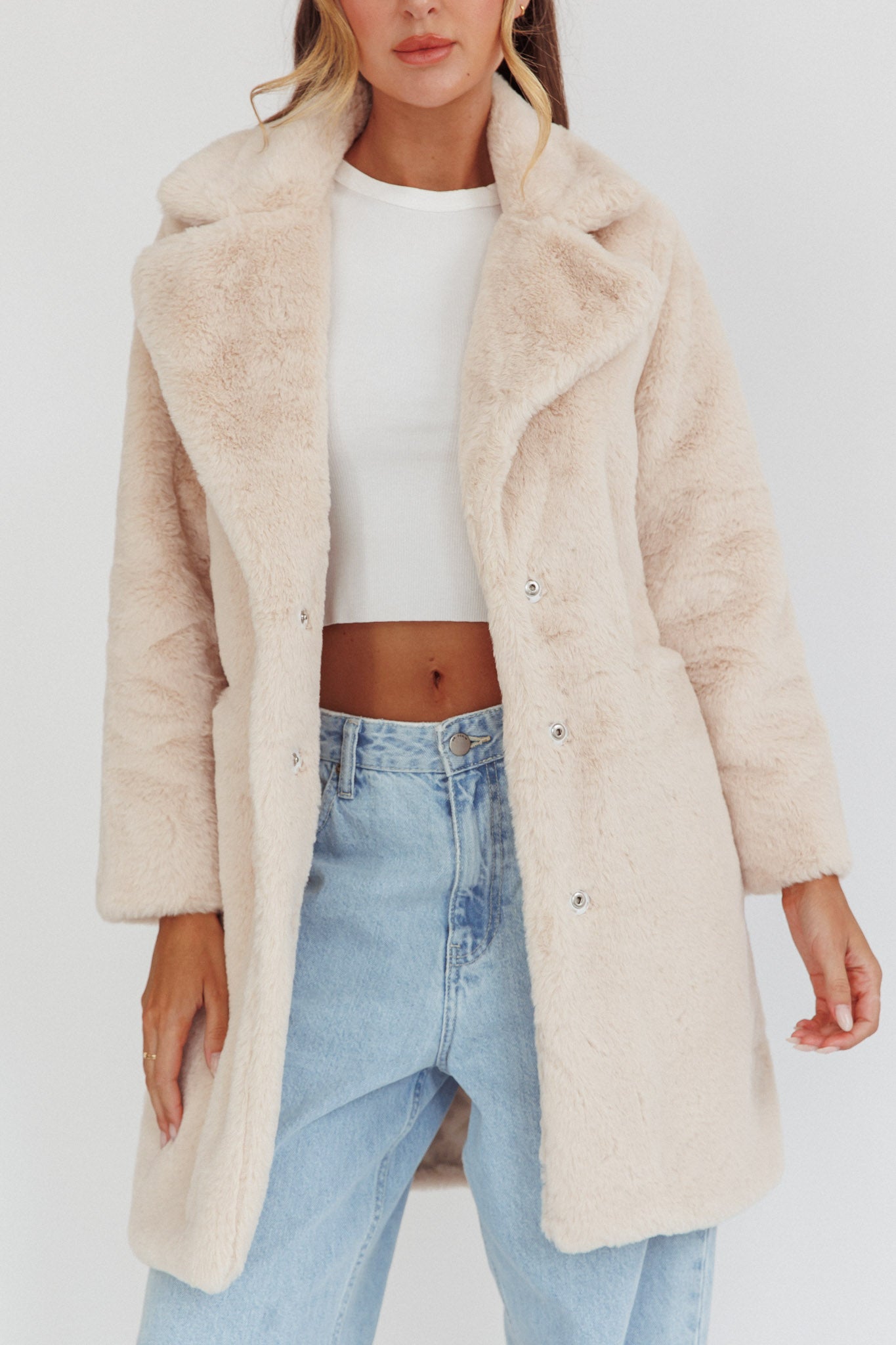 Perceptions Longline Faux Fur Coat Beige by Selfie Leslie