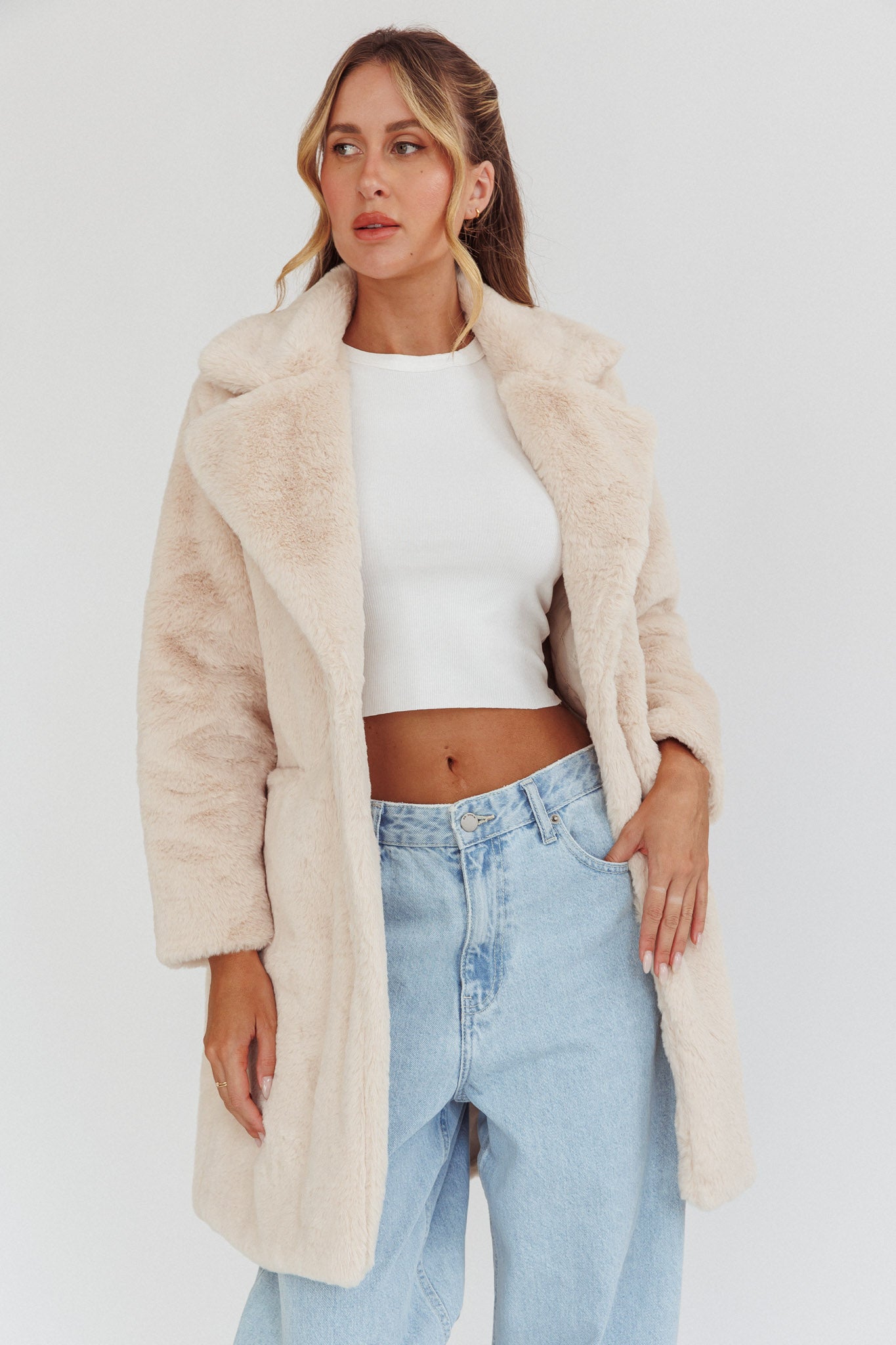 Shop the Perceptions Longline Faux Fur Coat Beige | Selfie Leslie