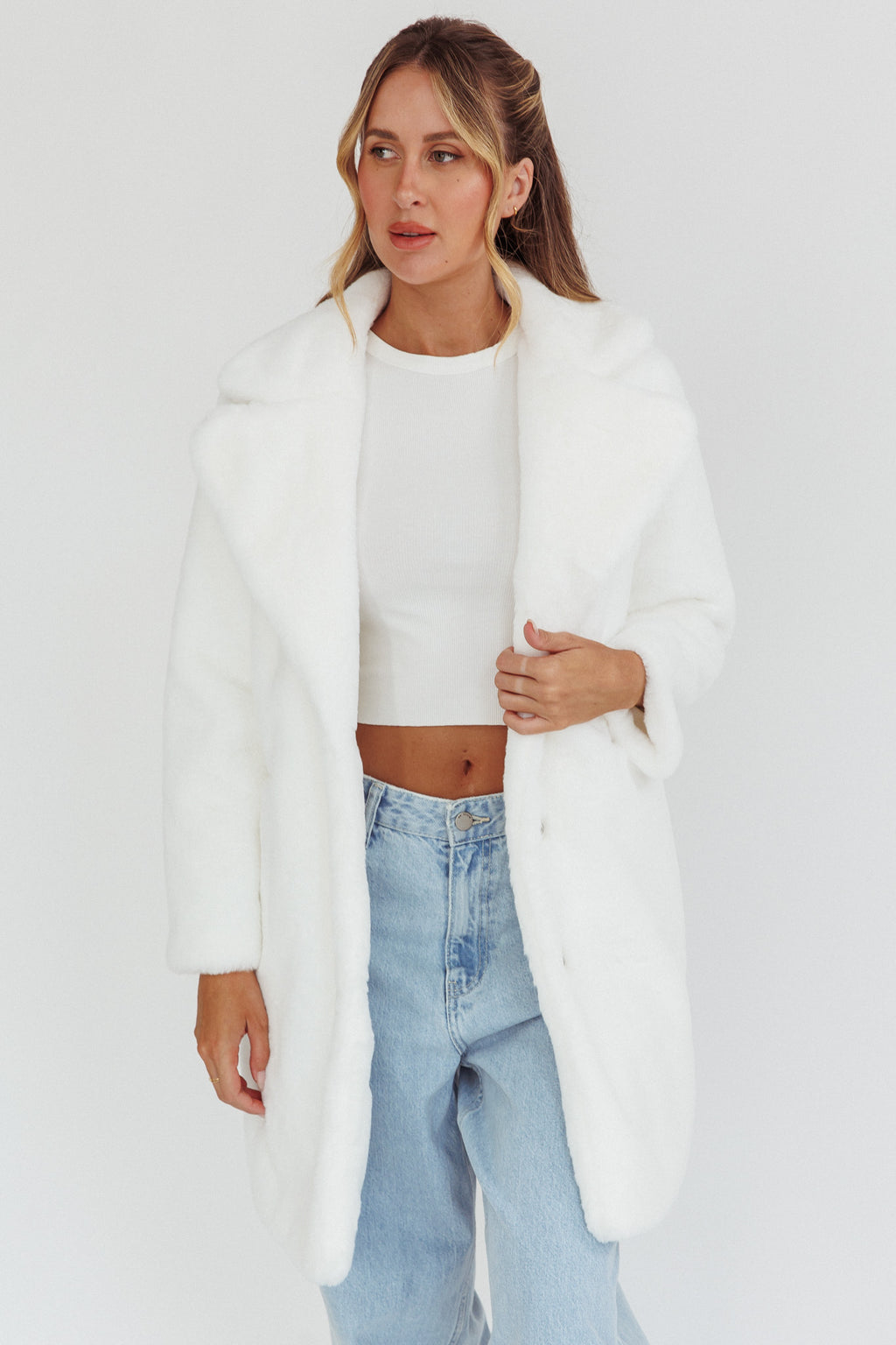 Perceptions Longline Faux Fur Coat White by Selfie Leslie