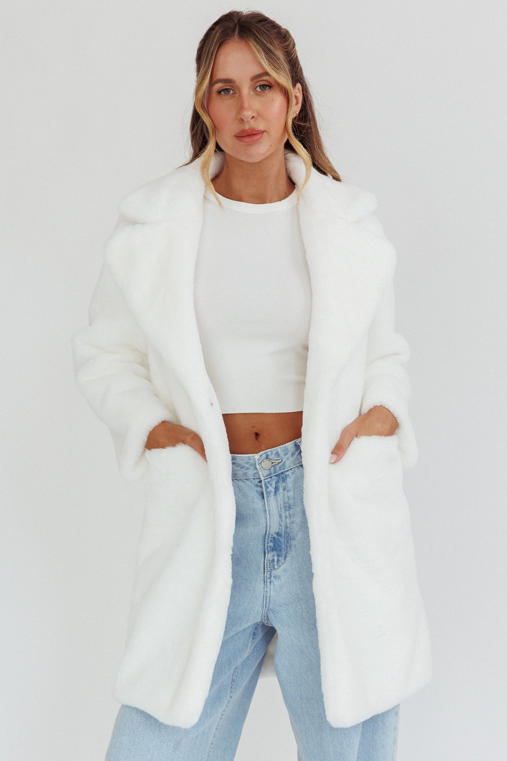 Perceptions Longline Faux Fur Coat White by Selfie Leslie
