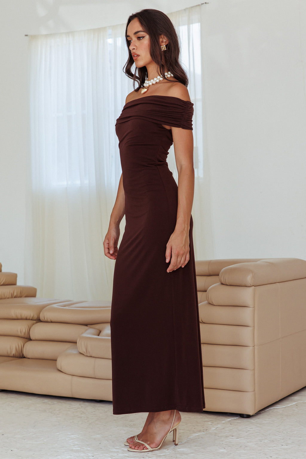 Cruising Sunset Off Shoulder Dress Chocolate by Selfie Leslie