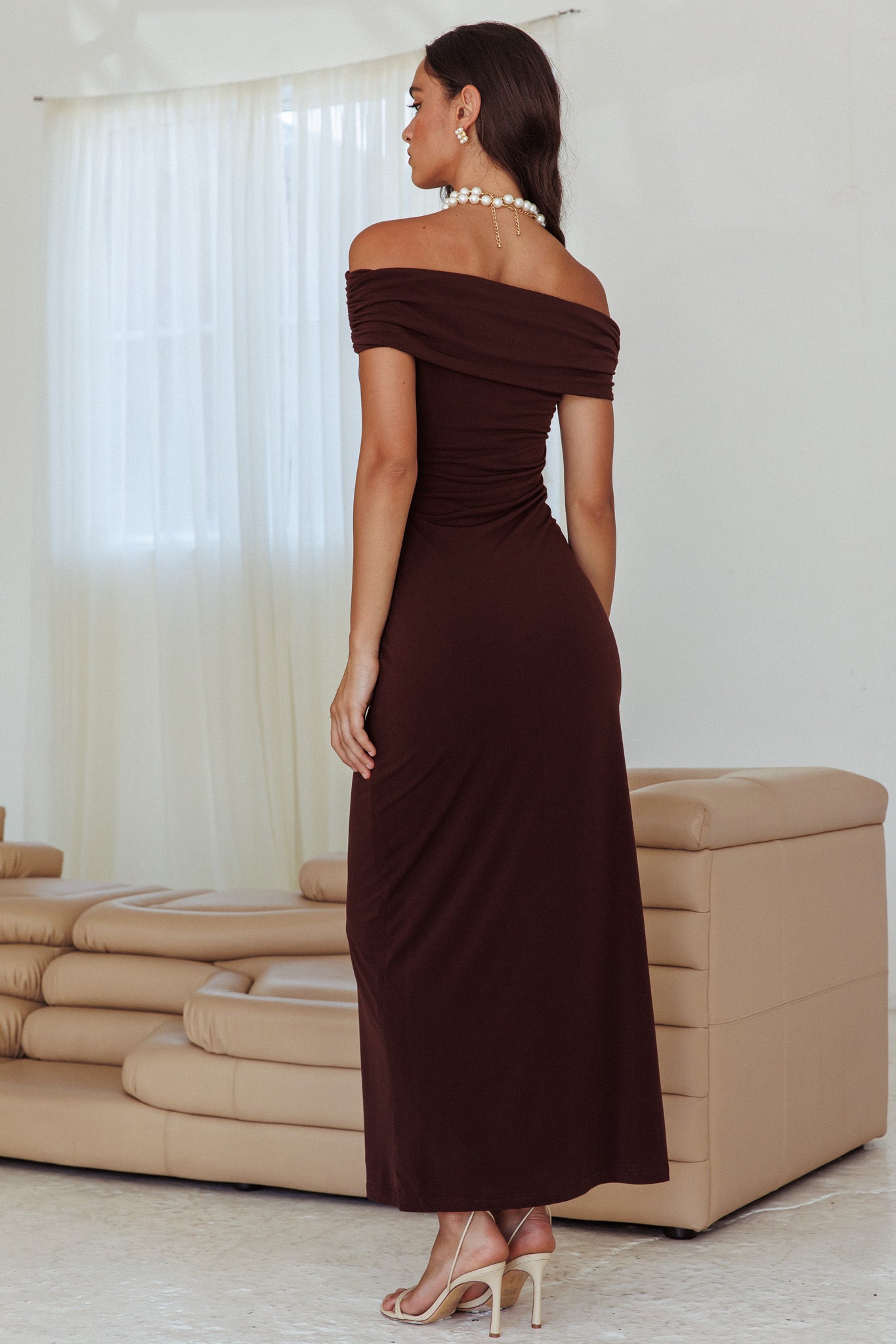 Cruising Sunset Off Shoulder Dress Chocolate Cruising Sunset Off Shoulder Dress Chocolate