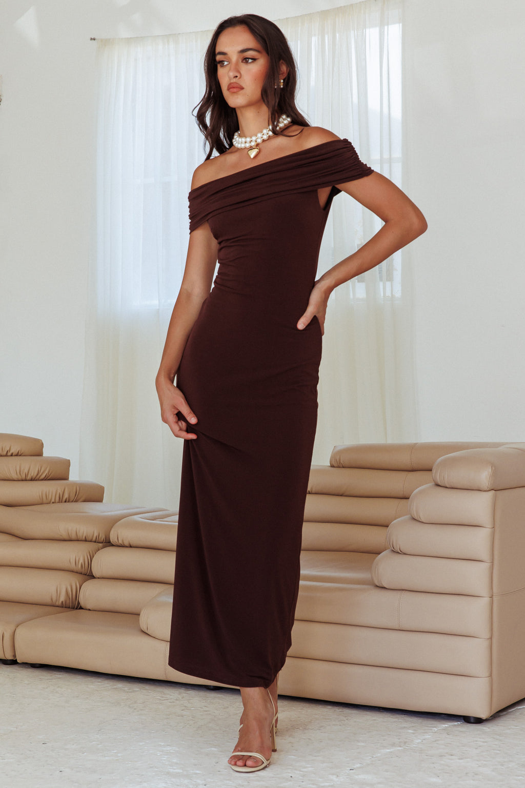 Cruising Sunset Off Shoulder Dress Chocolate by Selfie Leslie