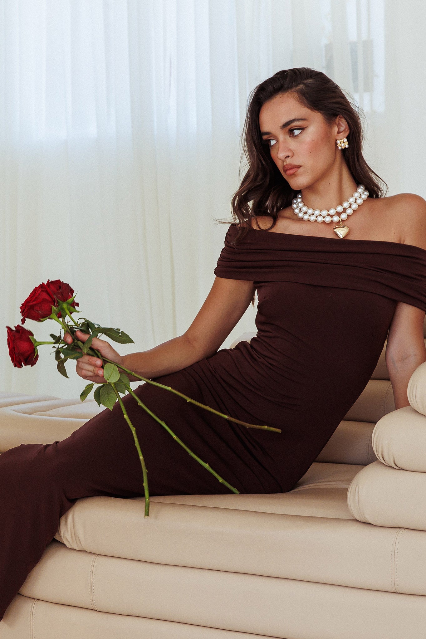 Cruising Sunset Off Shoulder Dress Chocolate by Selfie Leslie