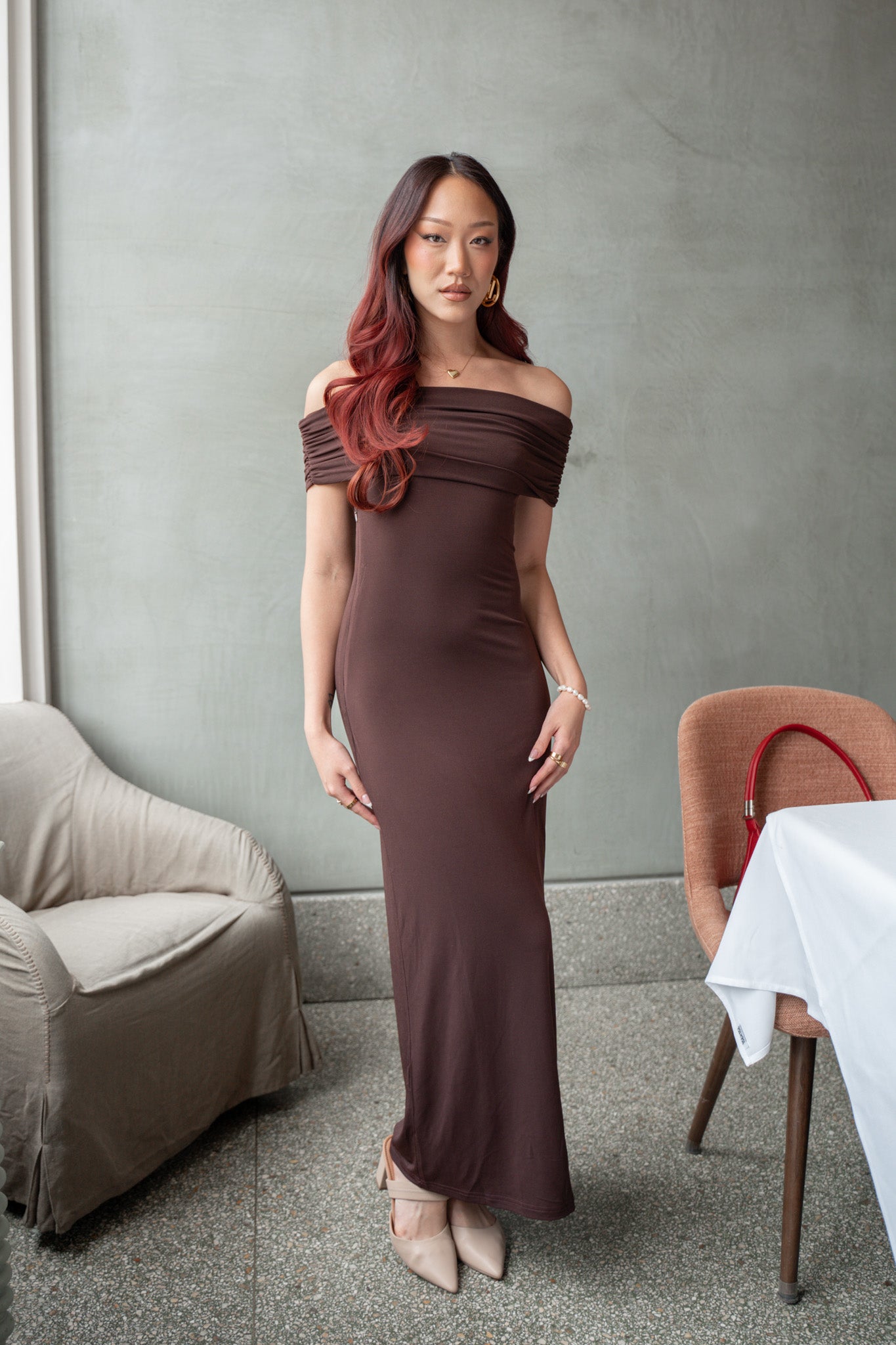 Cruising Sunset Off Shoulder Dress Chocolate Cruising Sunset Off Shoulder Dress Chocolate