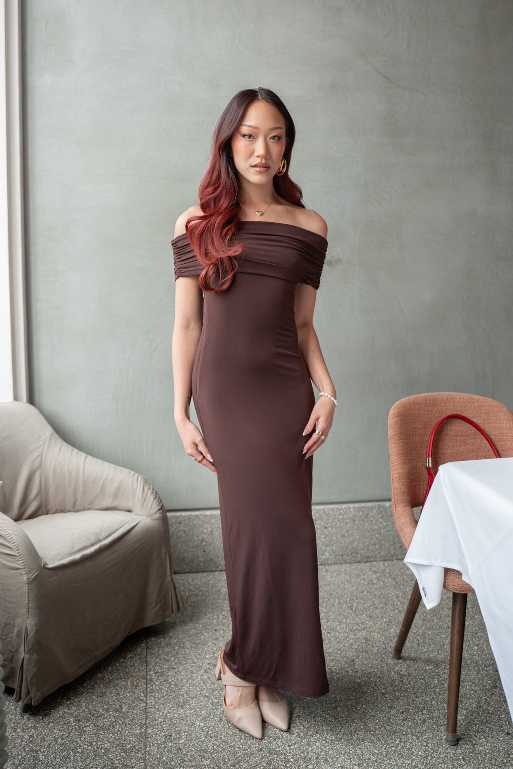 Cruising Sunset Off Shoulder Dress Chocolate by Selfie Leslie