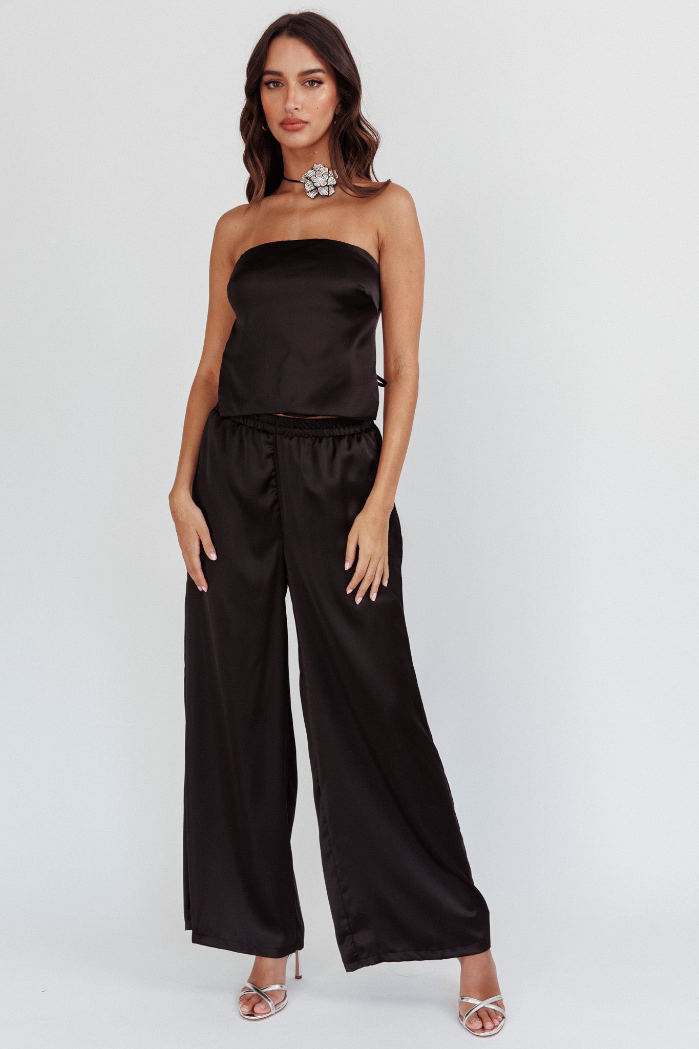 Panama Beach Wide Leg Satin Pants Black by Selfie Leslie