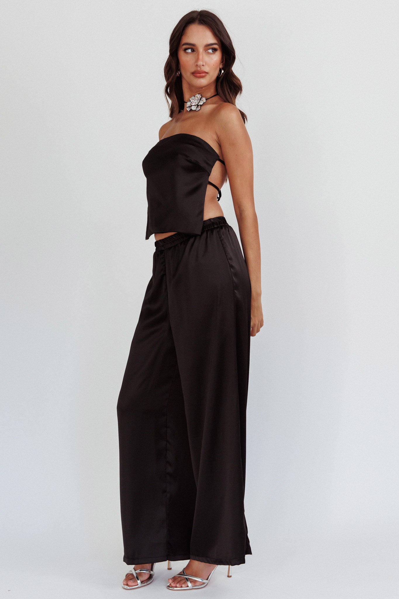 Panama Beach Wide Leg Satin Pants Black by Selfie Leslie
