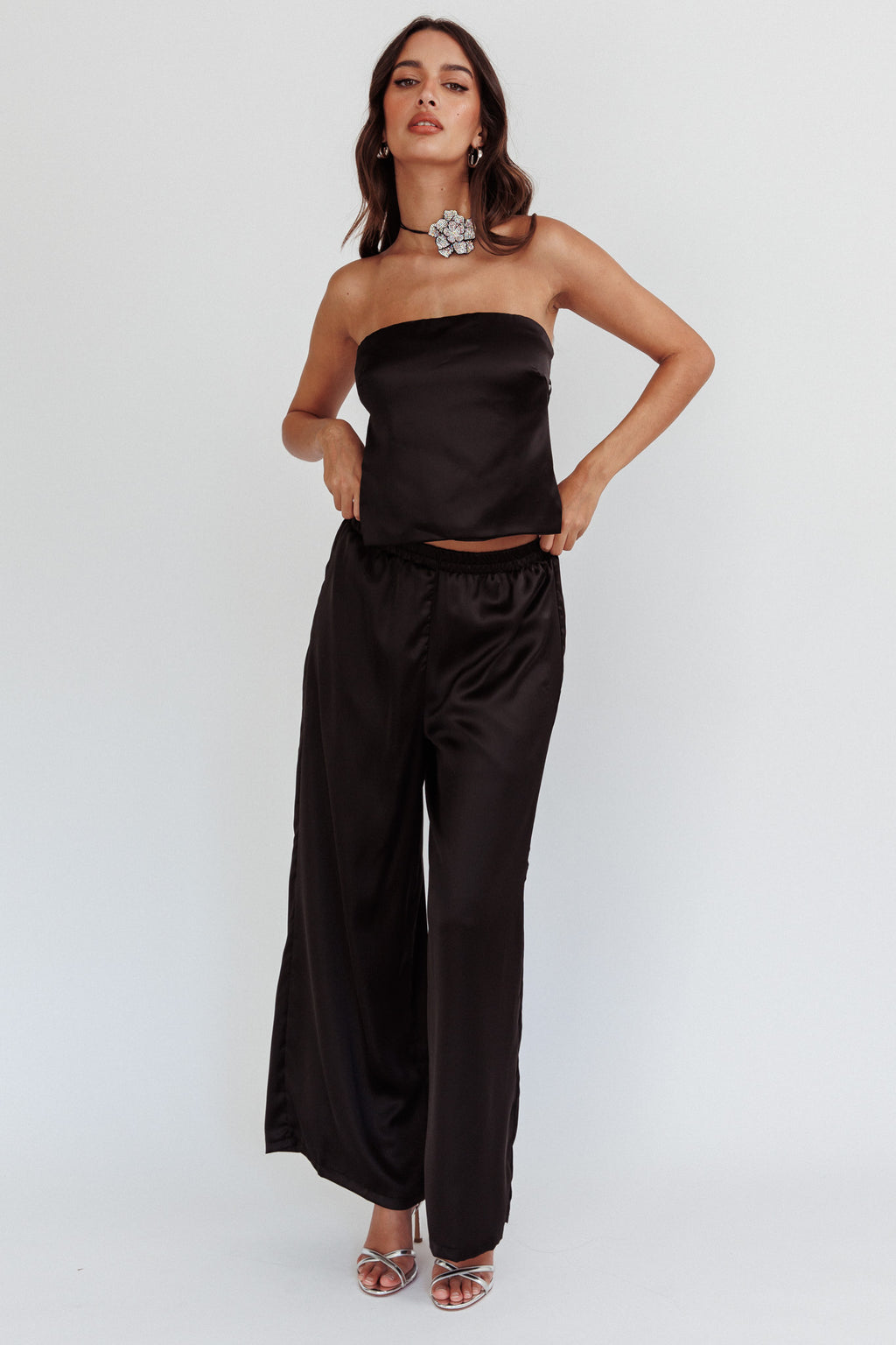 Panama Beach Wide Leg Satin Pants Black by Selfie Leslie