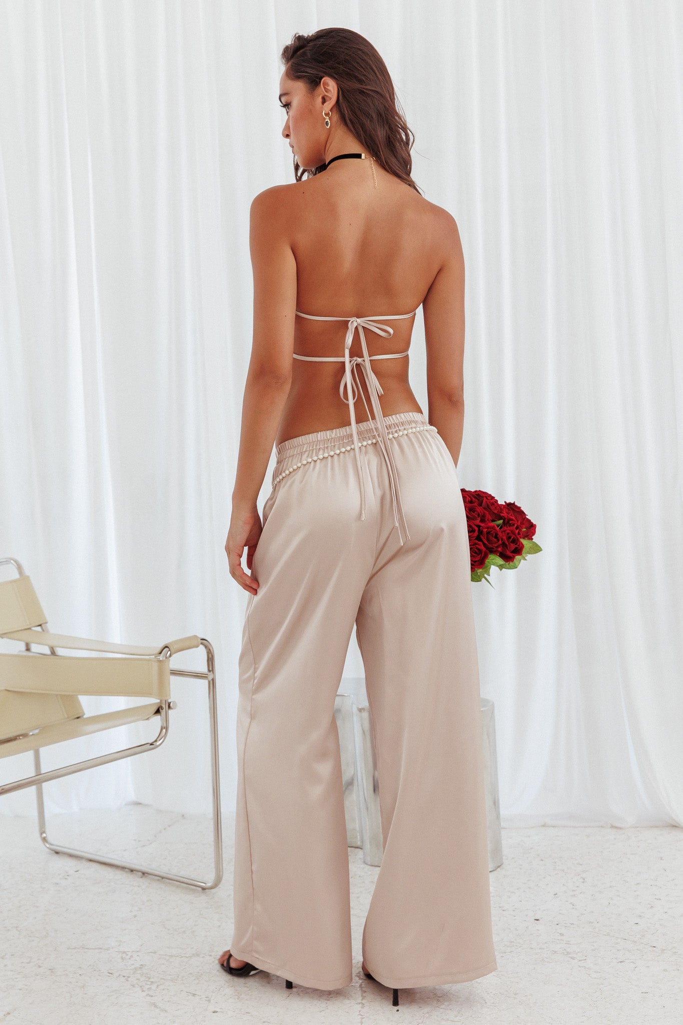 Panama Beach Wide Leg Satin Pants Stone by Selfie Leslie