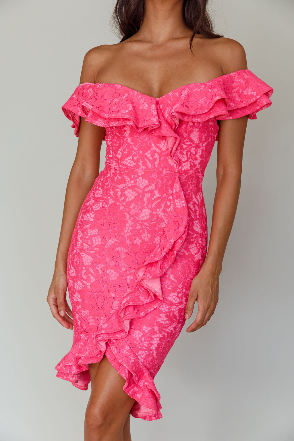 Rossi Off-Shoulder Double Ruffle Lace Dress Hot Pink by Selfie Leslie