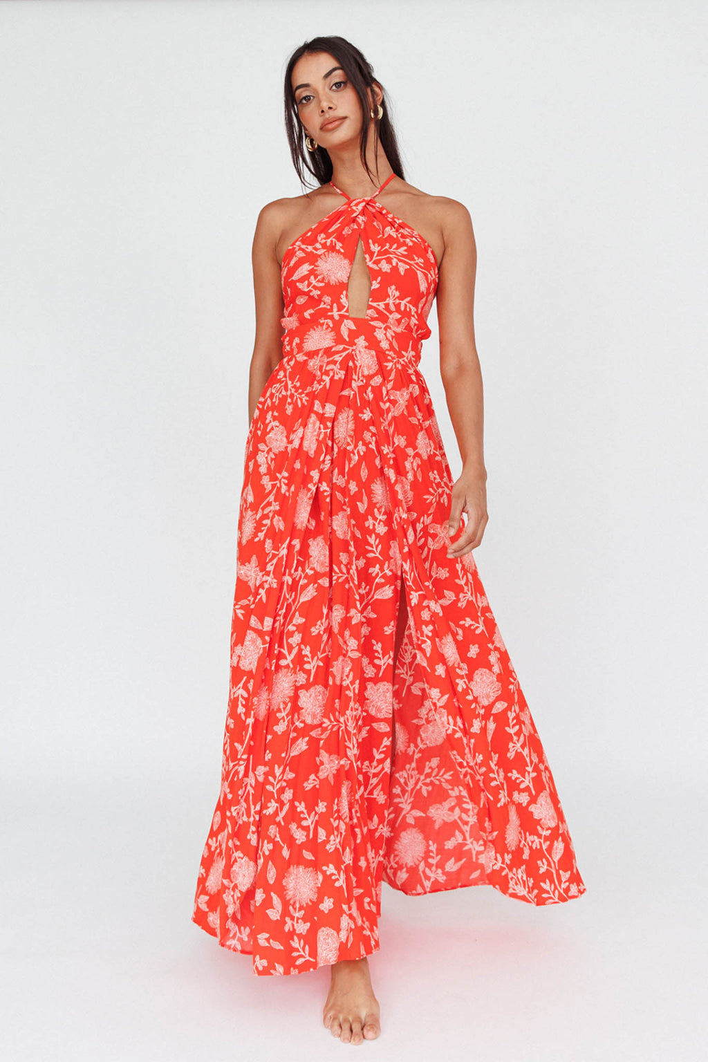 Athena High Split Maxi Dress Floral Print Red by Selfie Leslie