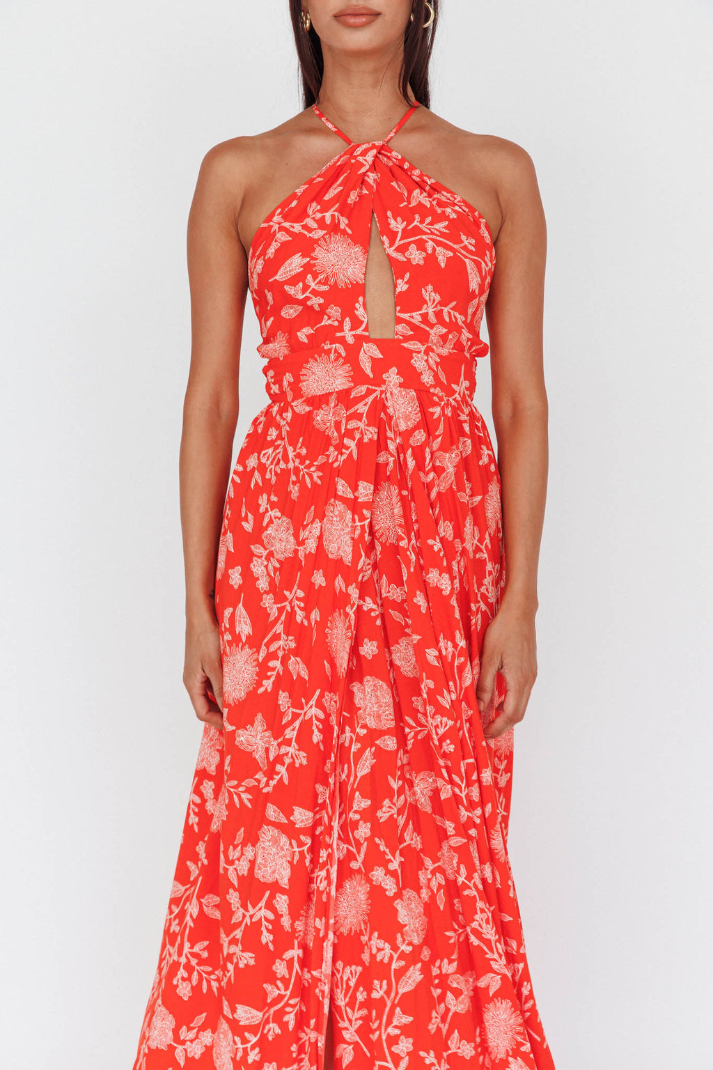Athena High Split Maxi Dress Floral Print Red by Selfie Leslie