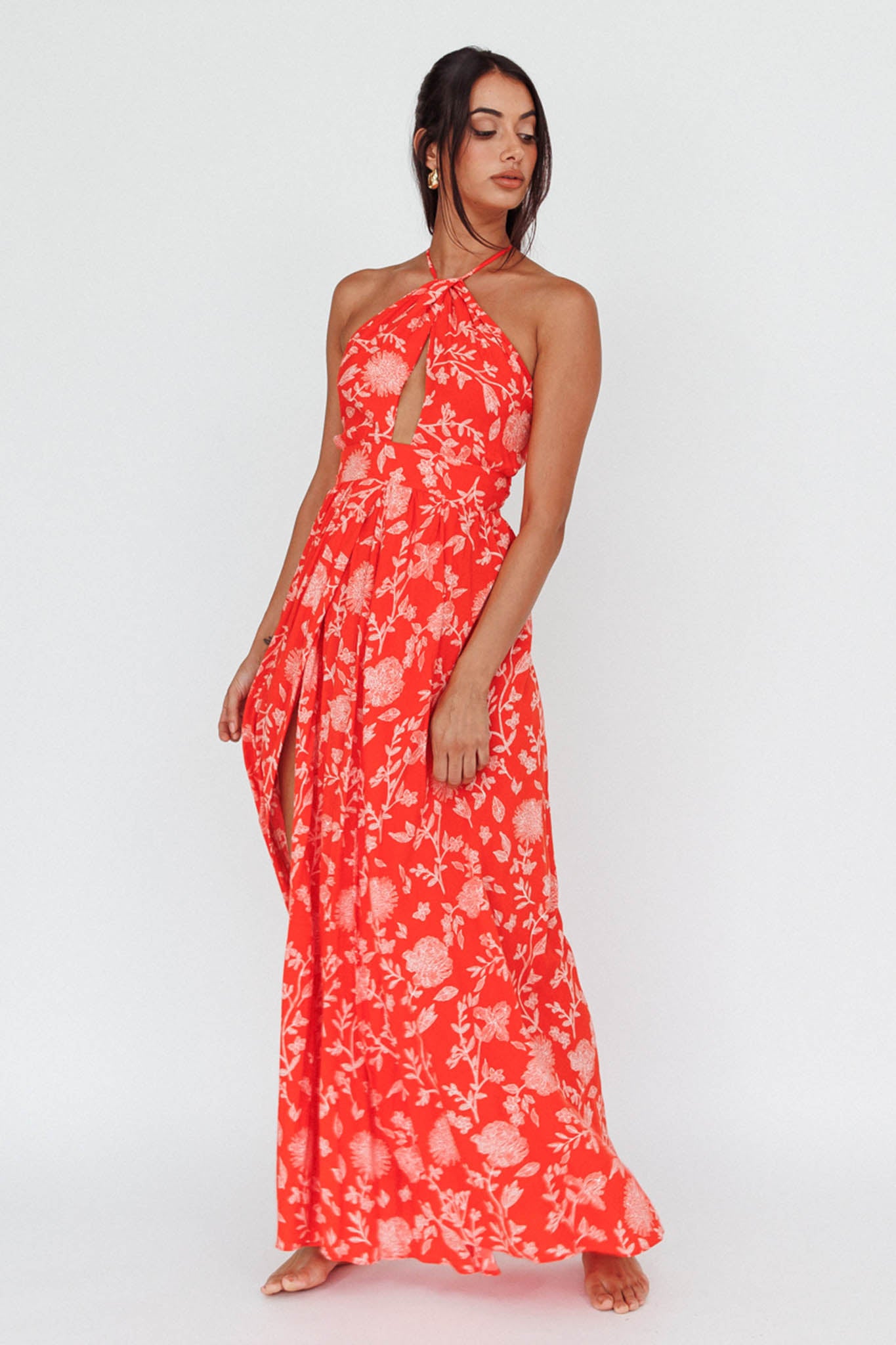 Athena High Split Maxi Dress Floral Print Red by Selfie Leslie