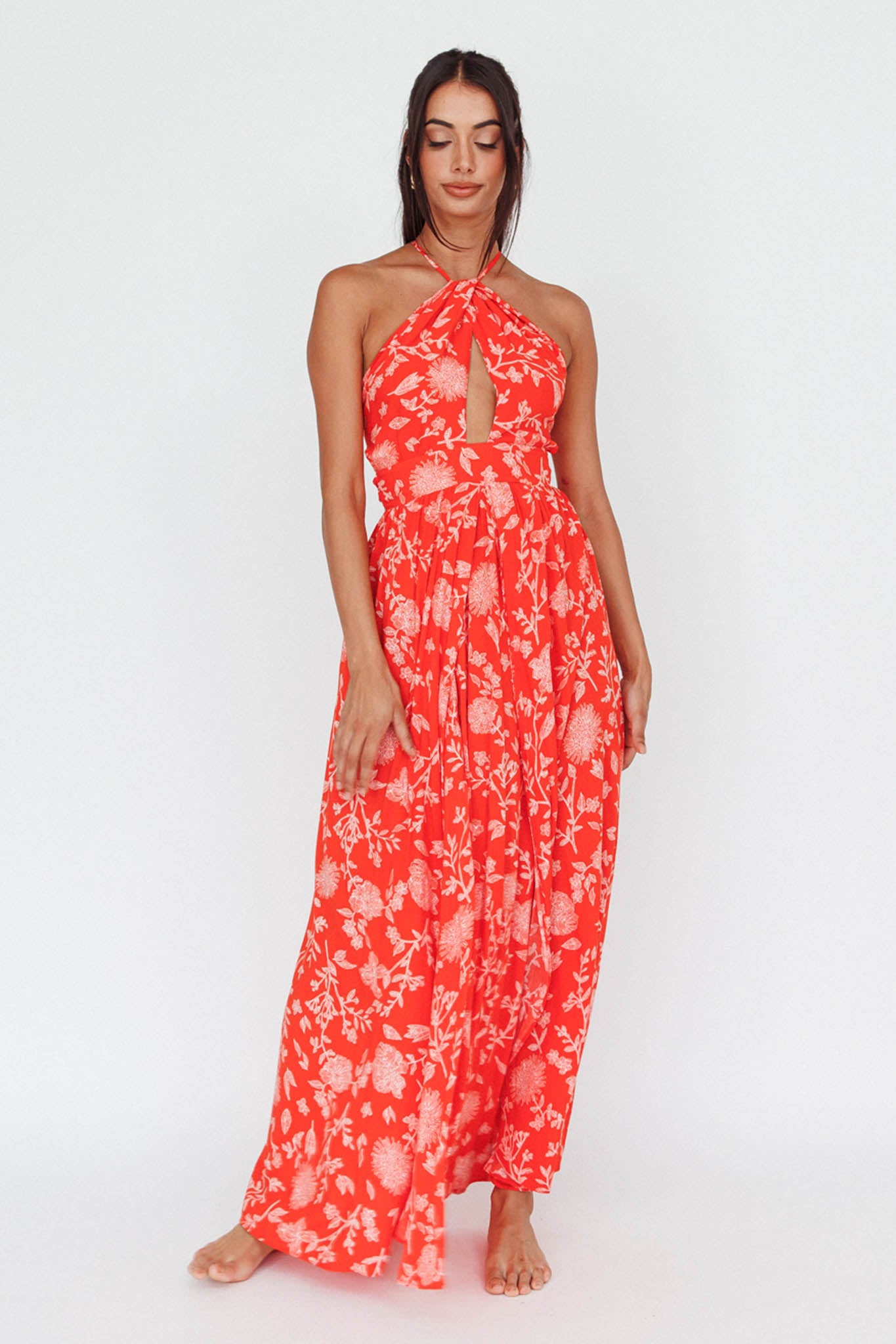 Athena High Split Maxi Dress Floral Print Red by Selfie Leslie