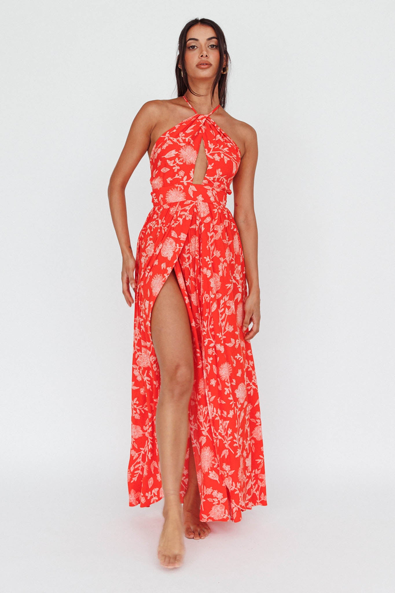 Athena High Split Maxi Dress Floral Print Red Selfie Leslie Athena High Split Maxi Dress Floral Print Red Selfie Leslie