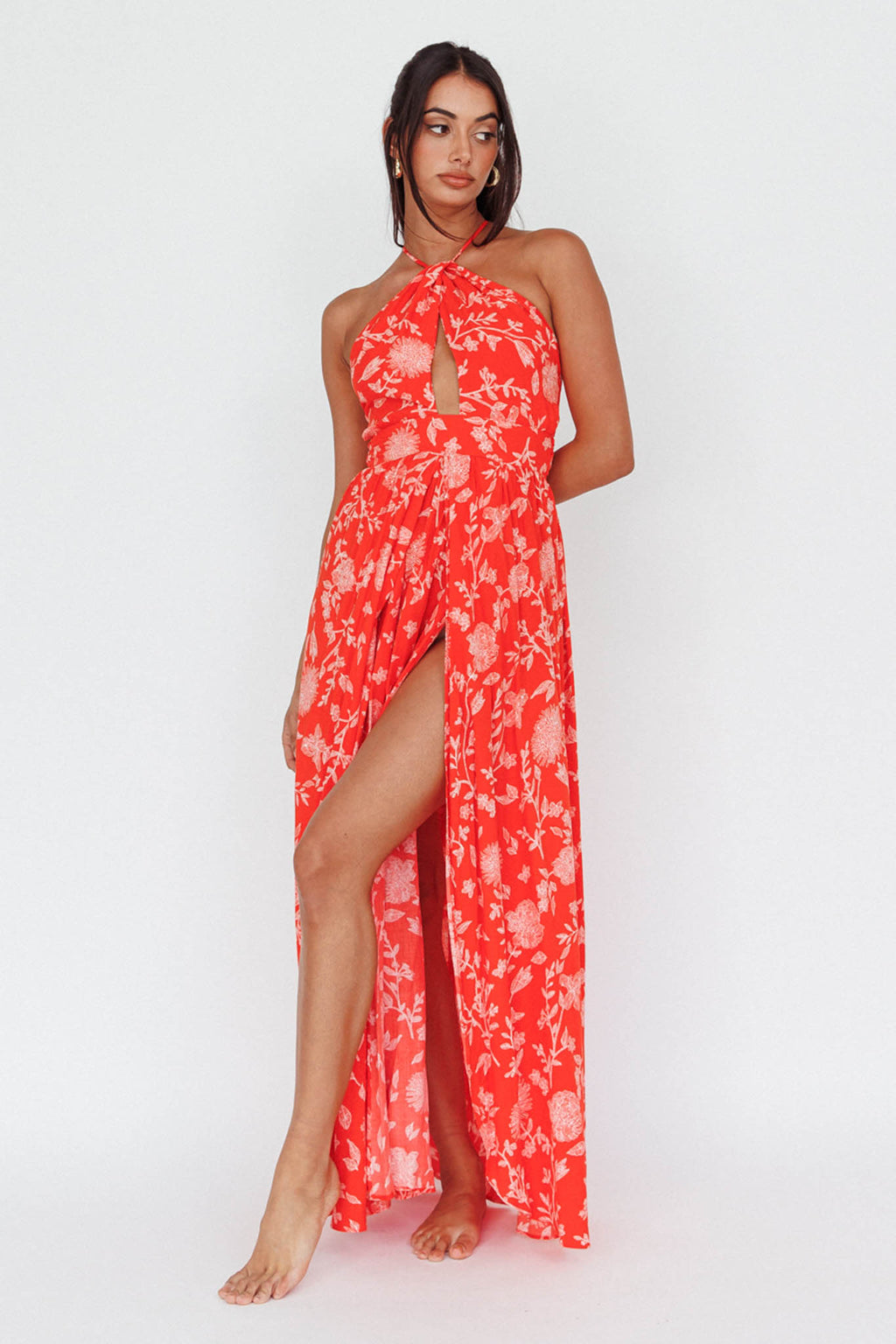 Athena High Split Maxi Dress Floral Print Red by Selfie Leslie