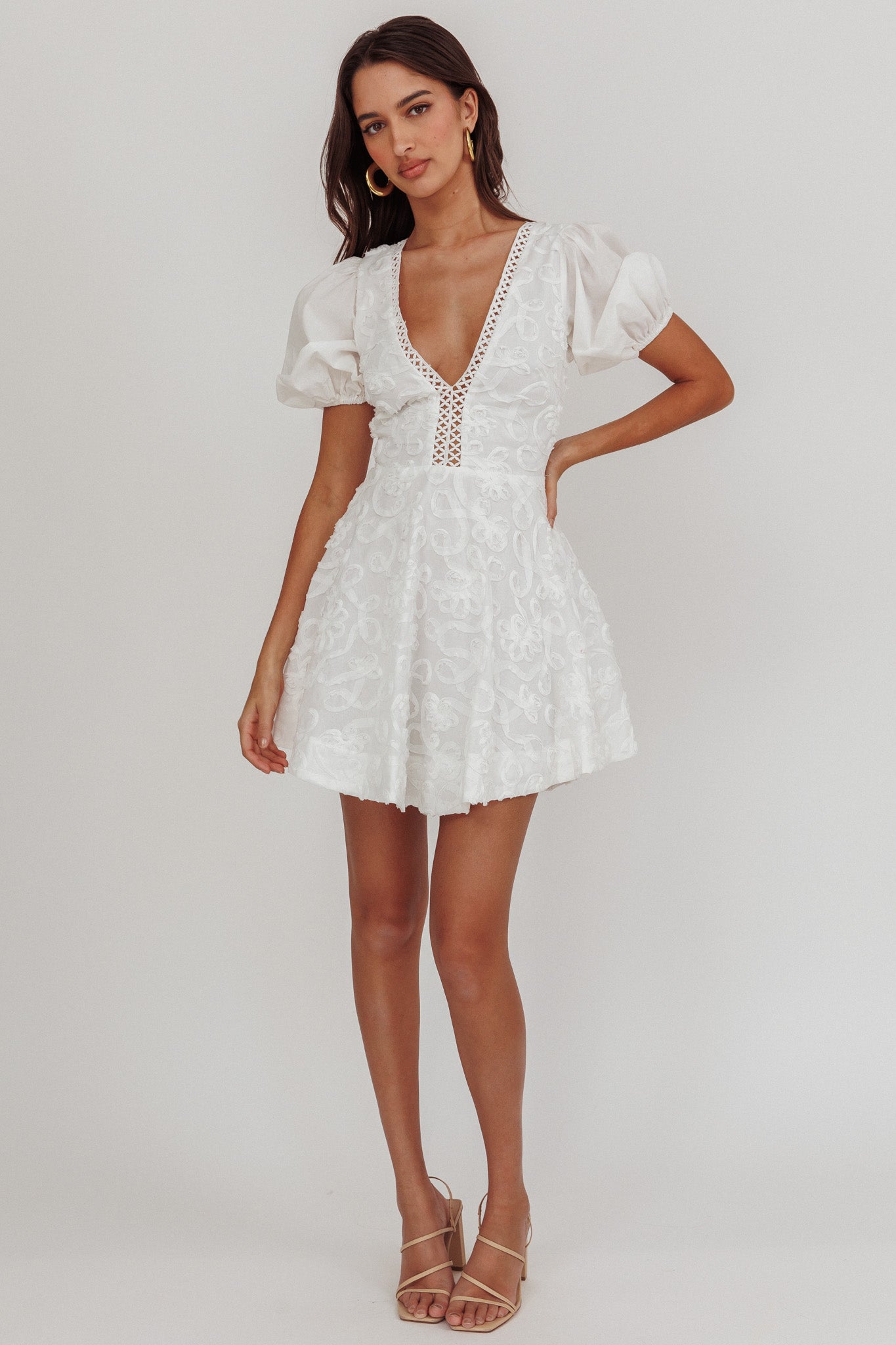 Samsara Puff Sleeve Mini Dress White | Selfie Leslie
