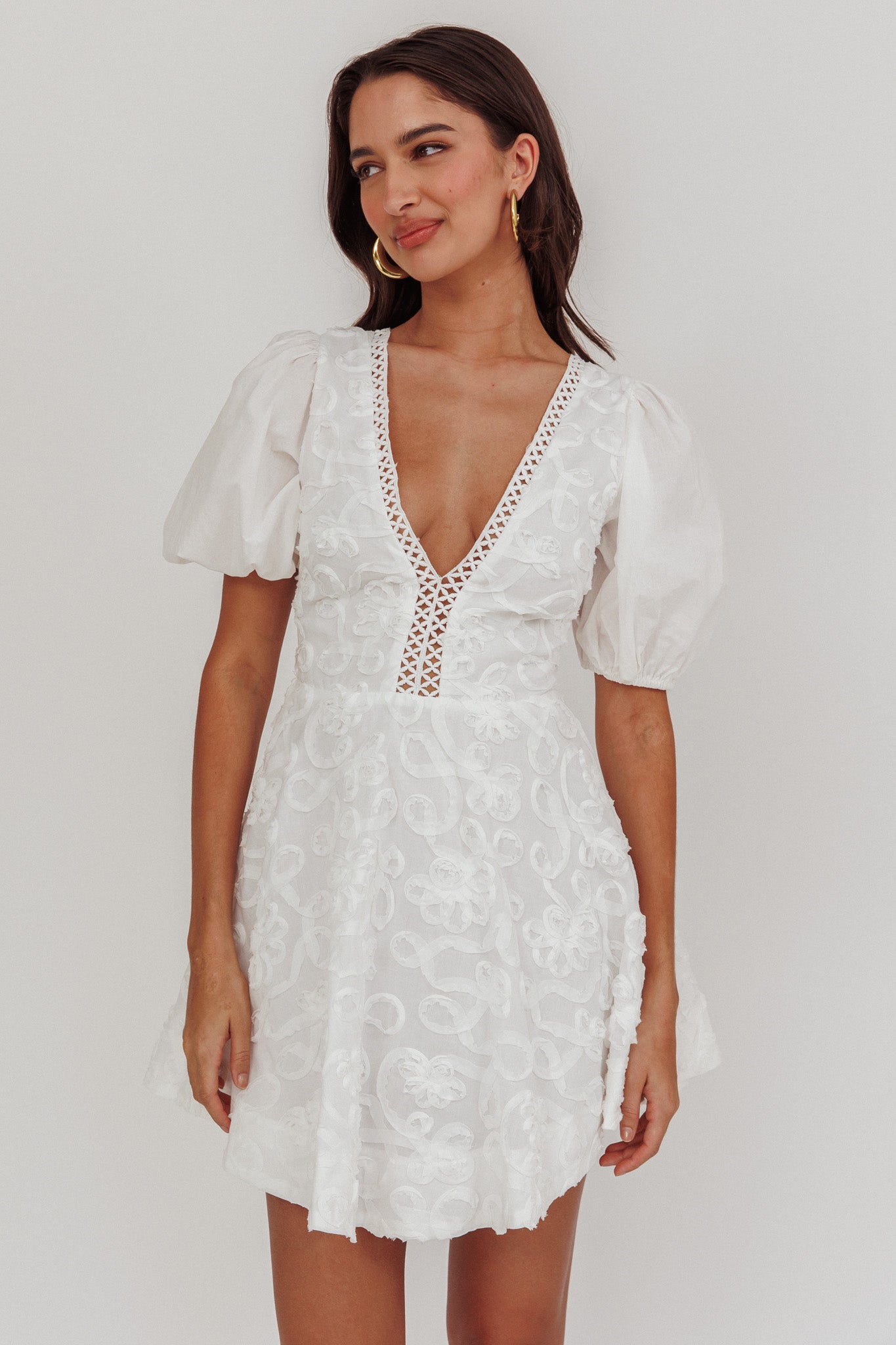 Samsara Puff Sleeve Mini Dress White by Selfie Leslie