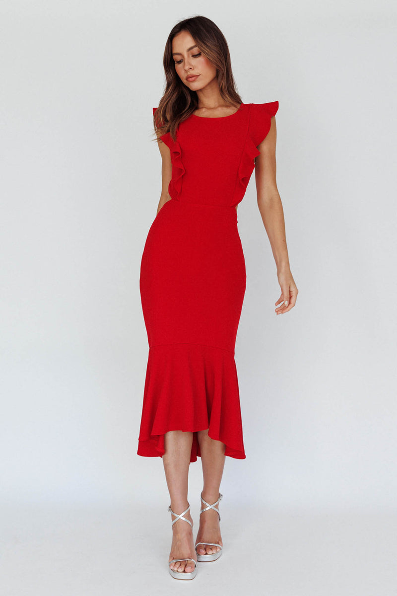 Shop the Jackie Wide Ruffle Hem Pinafore Midi Dress Red | Selfie Leslie
