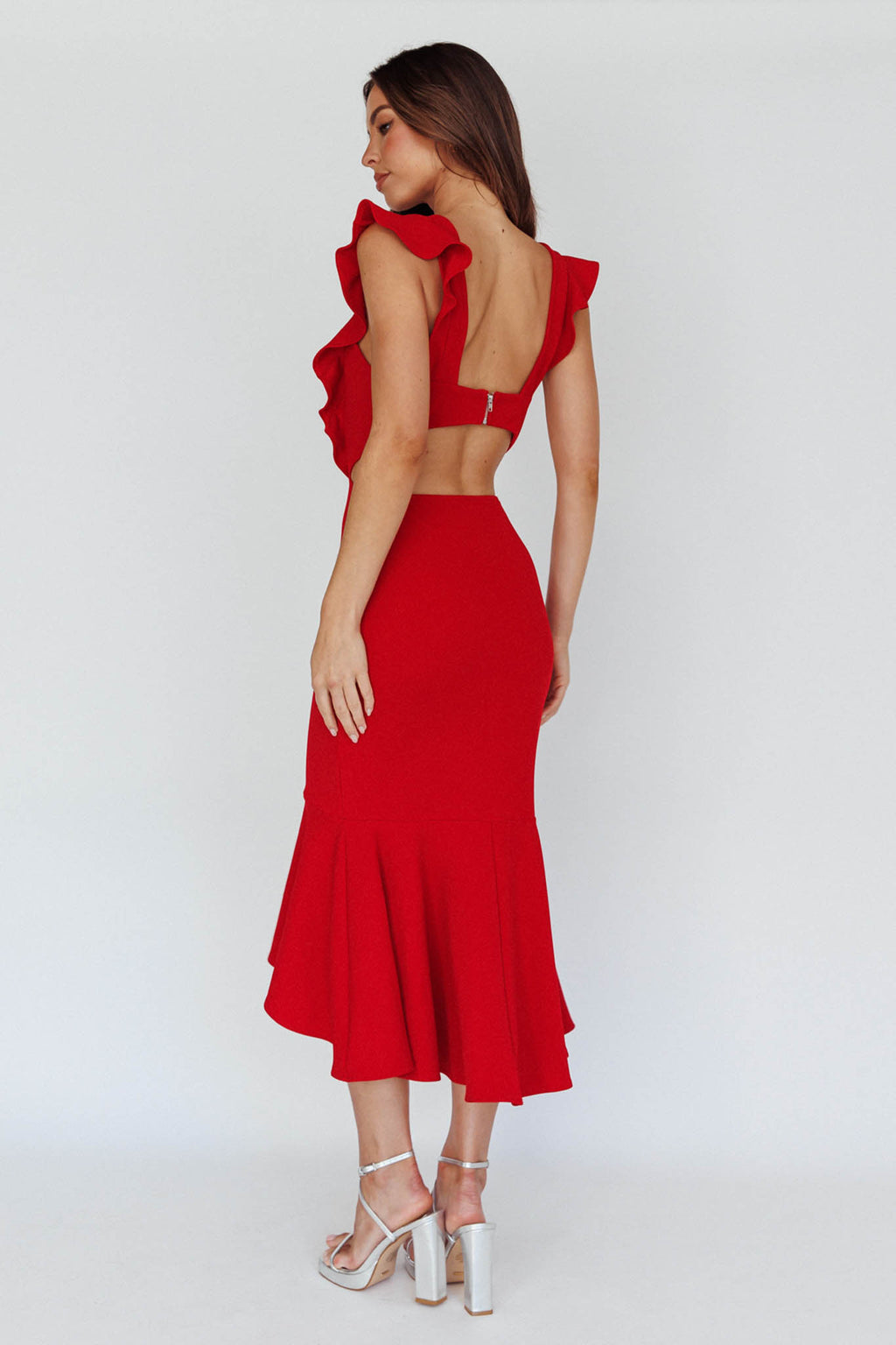 Jackie Wide Ruffle Hem Pinafore Midi Dress Red by Selfie Leslie