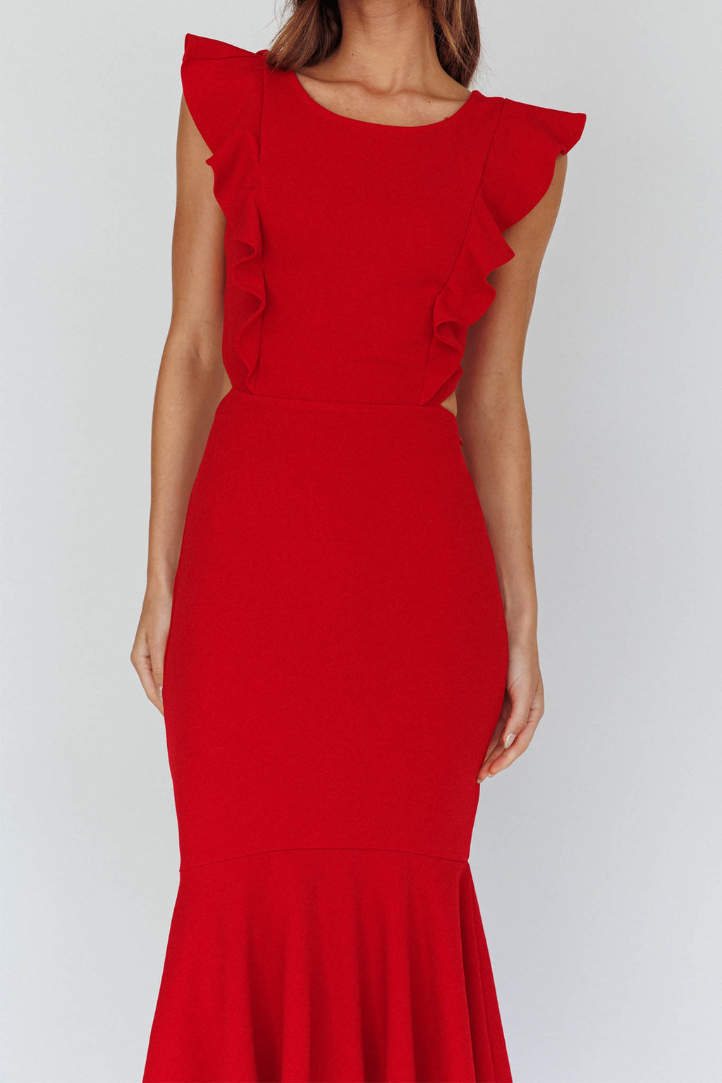 Jackie Wide Ruffle Hem Pinafore Midi Dress Red by Selfie Leslie