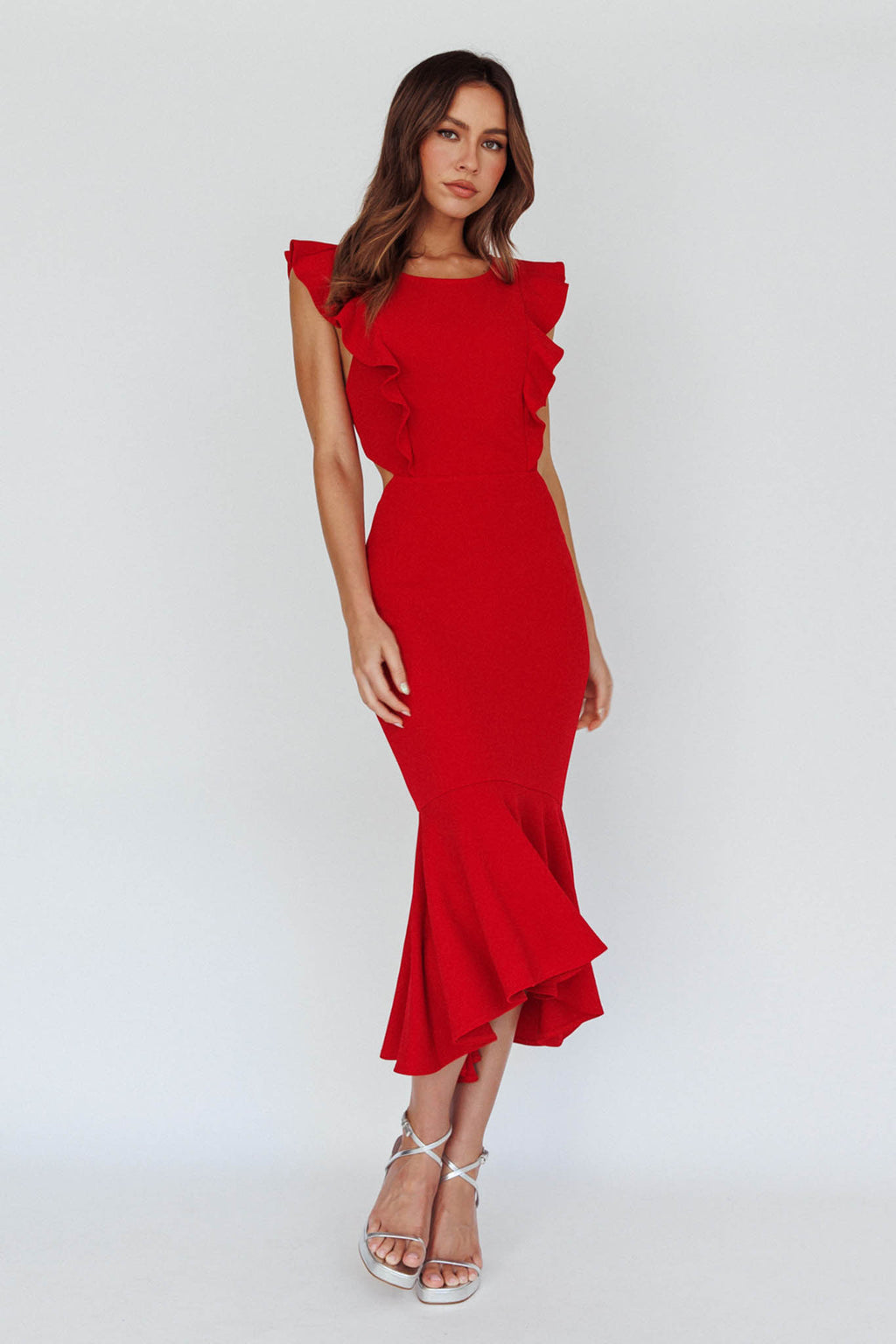 Jackie Wide Ruffle Hem Pinafore Midi Dress Red by Selfie Leslie