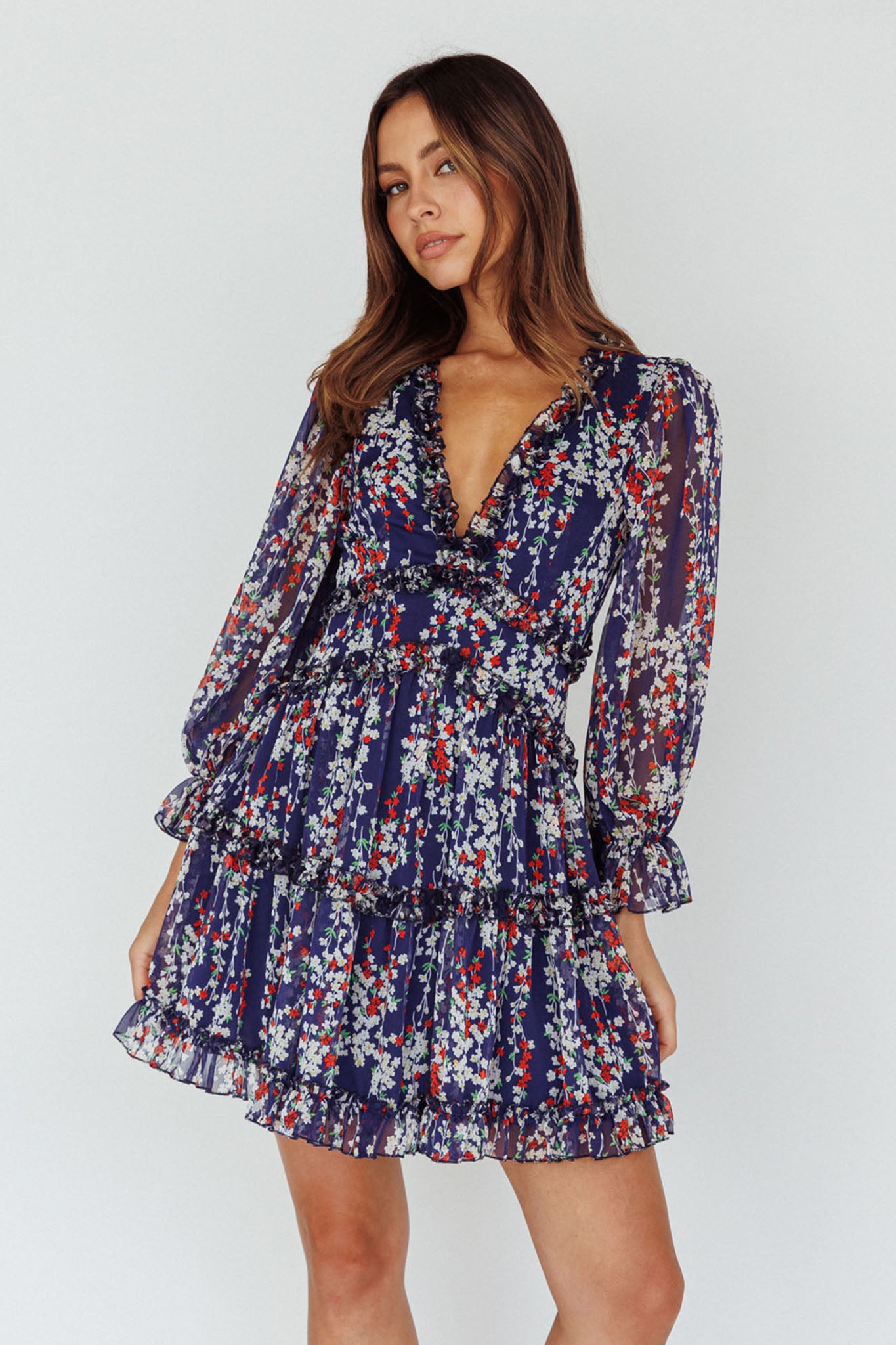 Laney Cutout Back Ruffle Detail Floral Dress Navy by Selfie Leslie