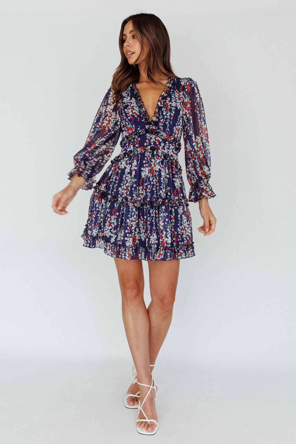Laney Cutout Back Ruffle Detail Floral Dress Navy by Selfie Leslie