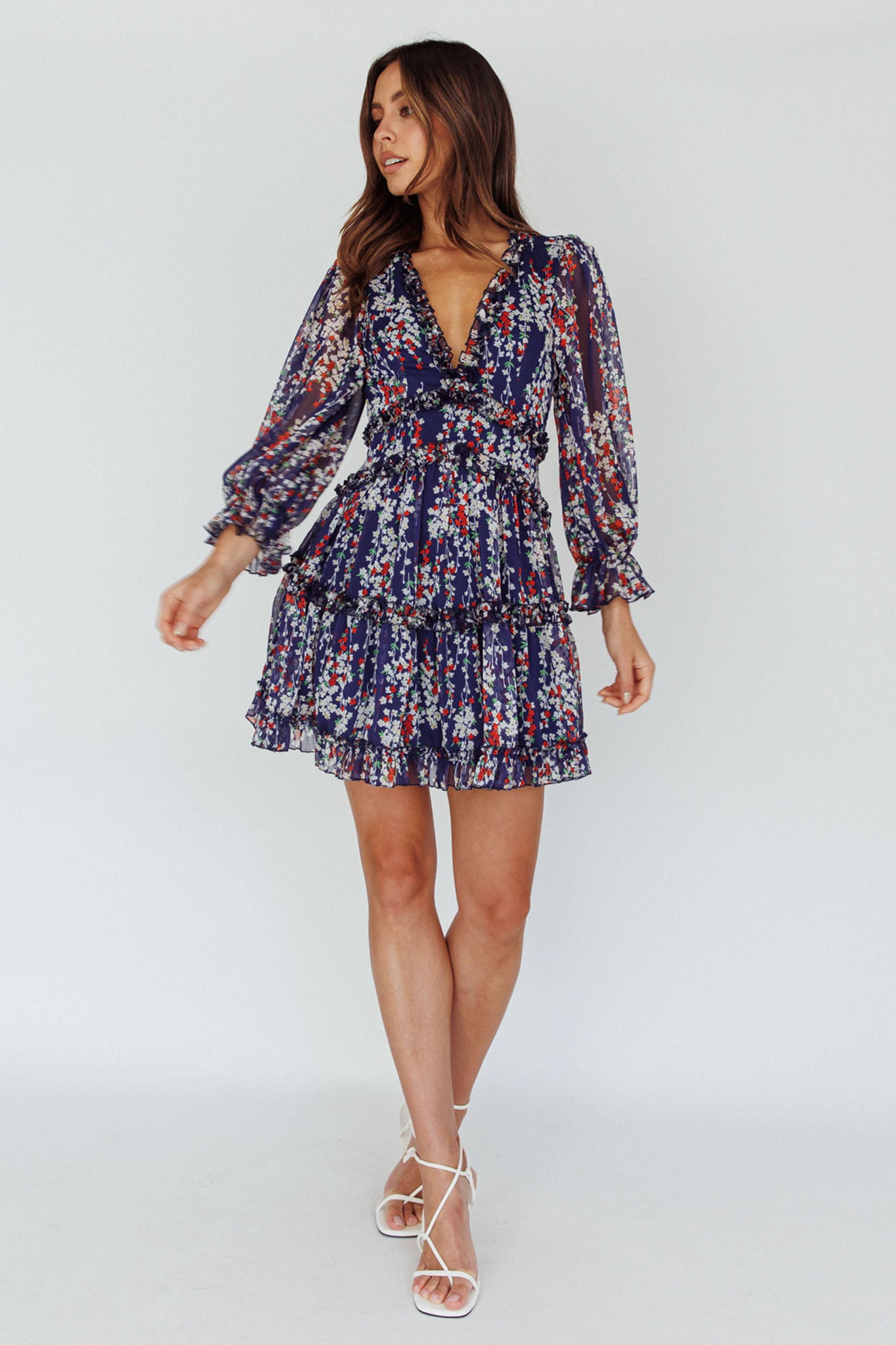 Laney Cutout Back Ruffle Detail Floral Dress Navy by Selfie Leslie