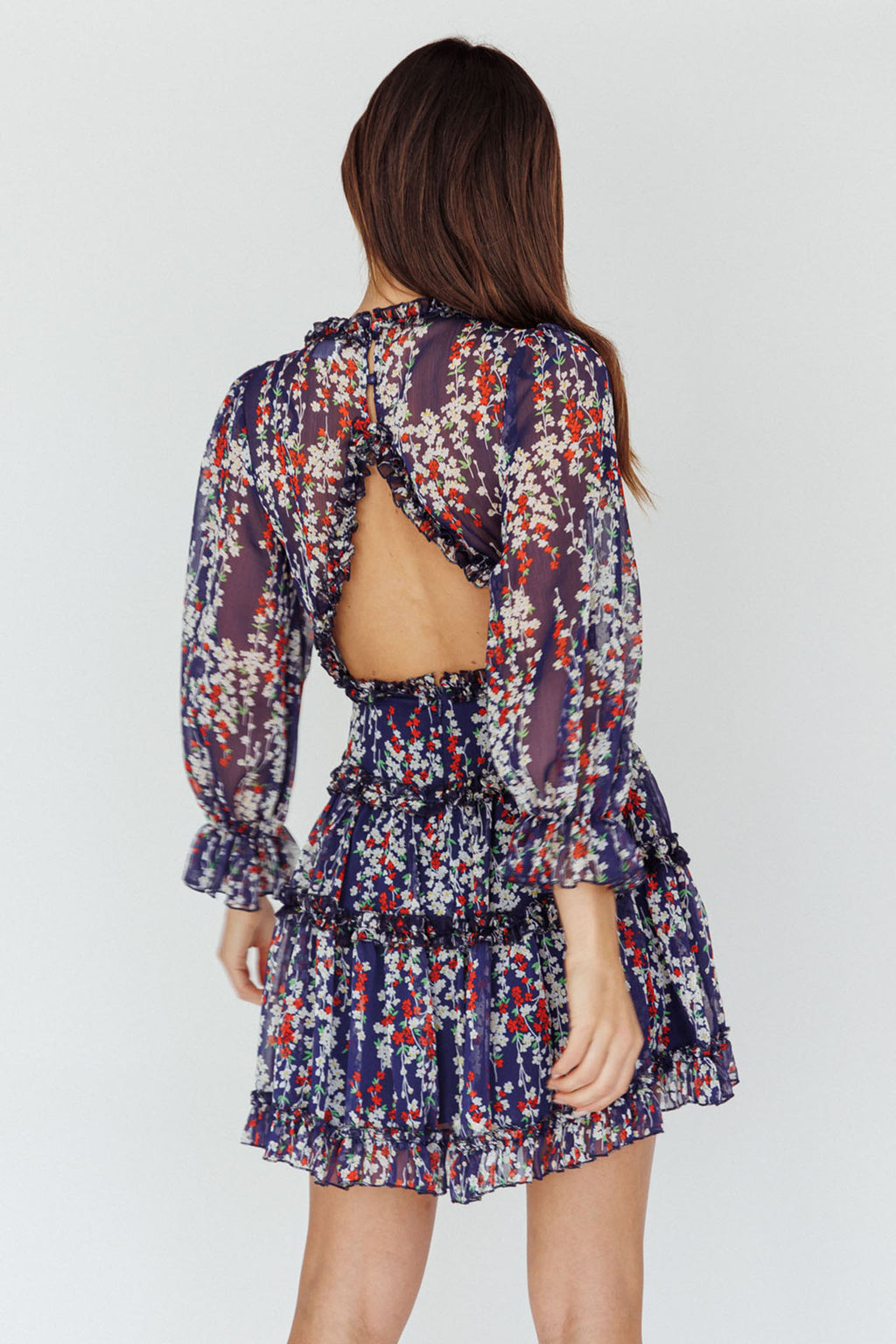 Laney Cutout Back Ruffle Detail Floral Dress Navy by Selfie Leslie