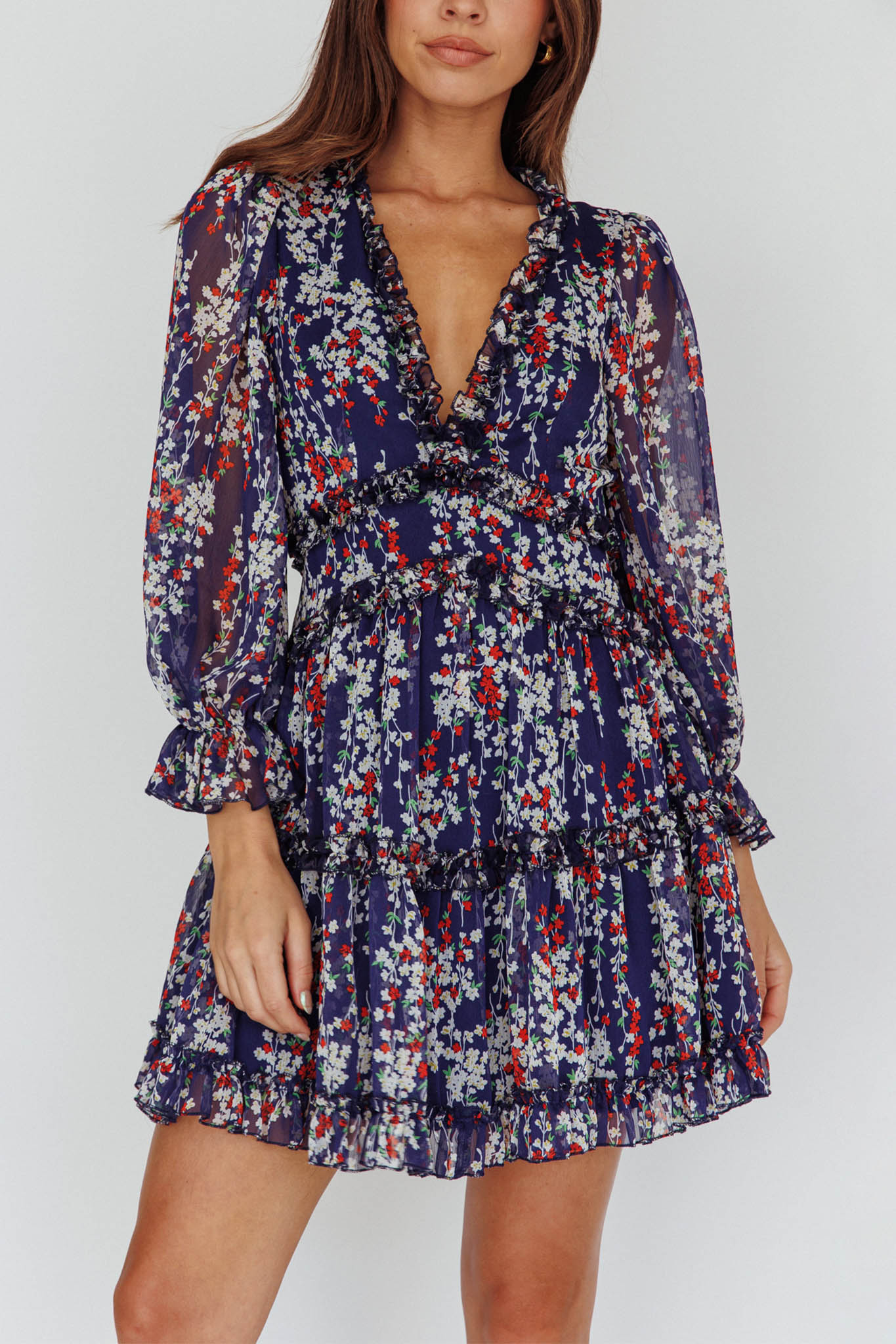 Laney Cutout Back Ruffle Detail Floral Dress Navy by Selfie Leslie