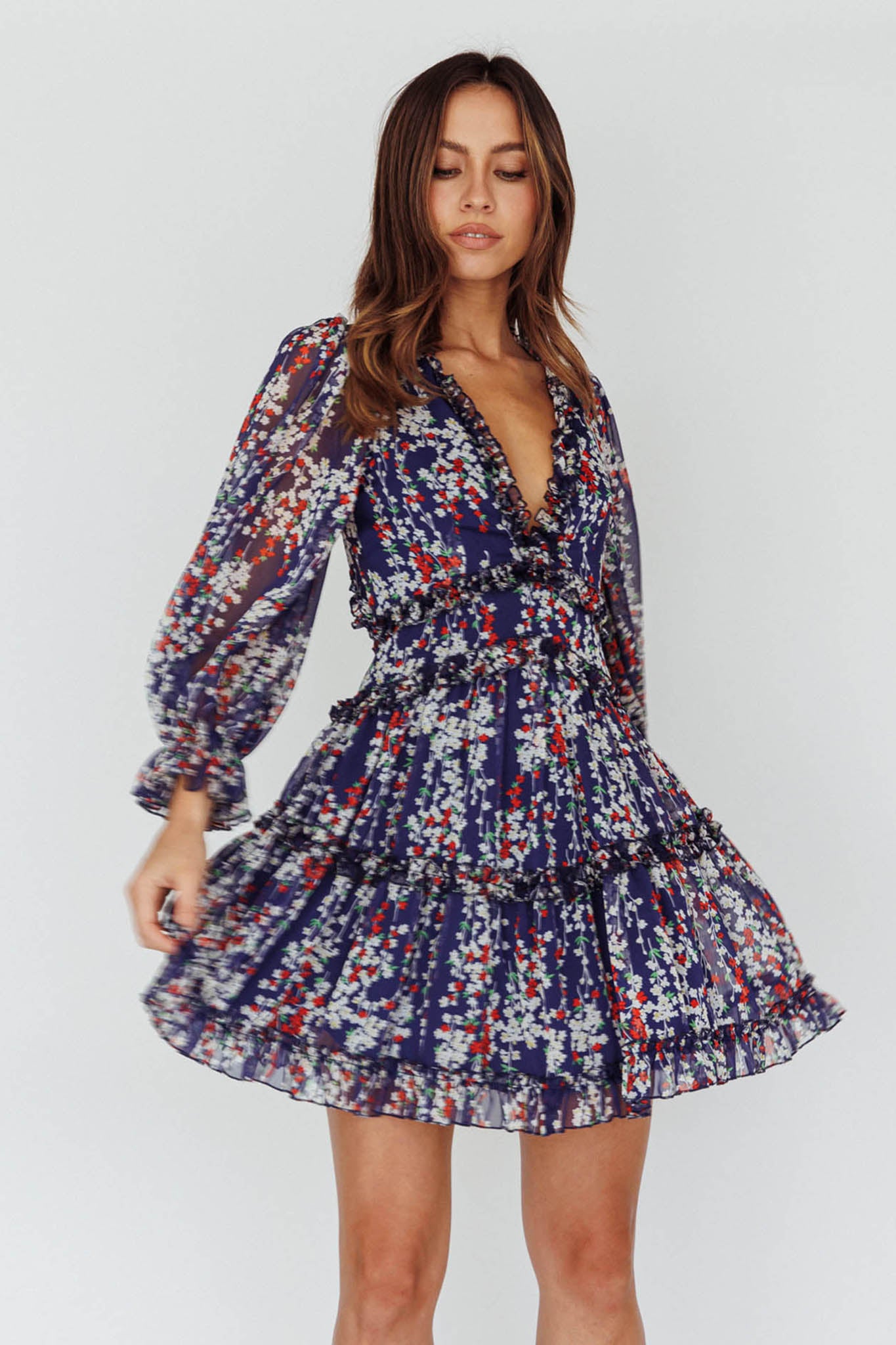 Laney Cutout Back Ruffle Detail Floral Dress Navy by Selfie Leslie