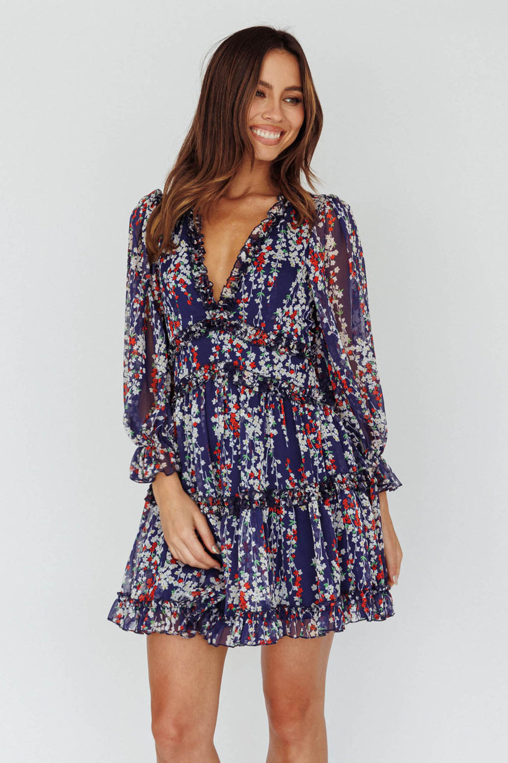 Laney Cutout Back Ruffle Detail Floral Dress Navy by Selfie Leslie