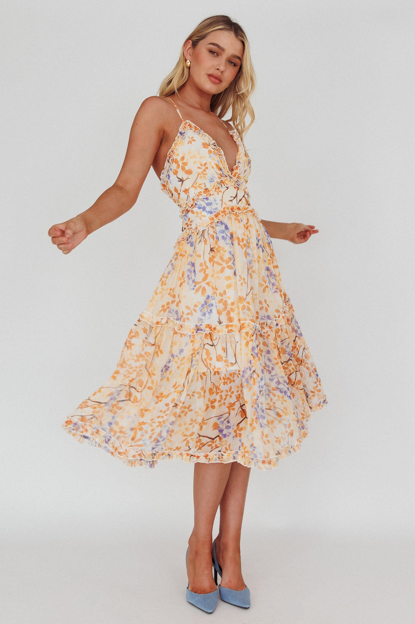 Laney Low Back Cami Strap Midi Dress Floral Orange by Selfie Leslie