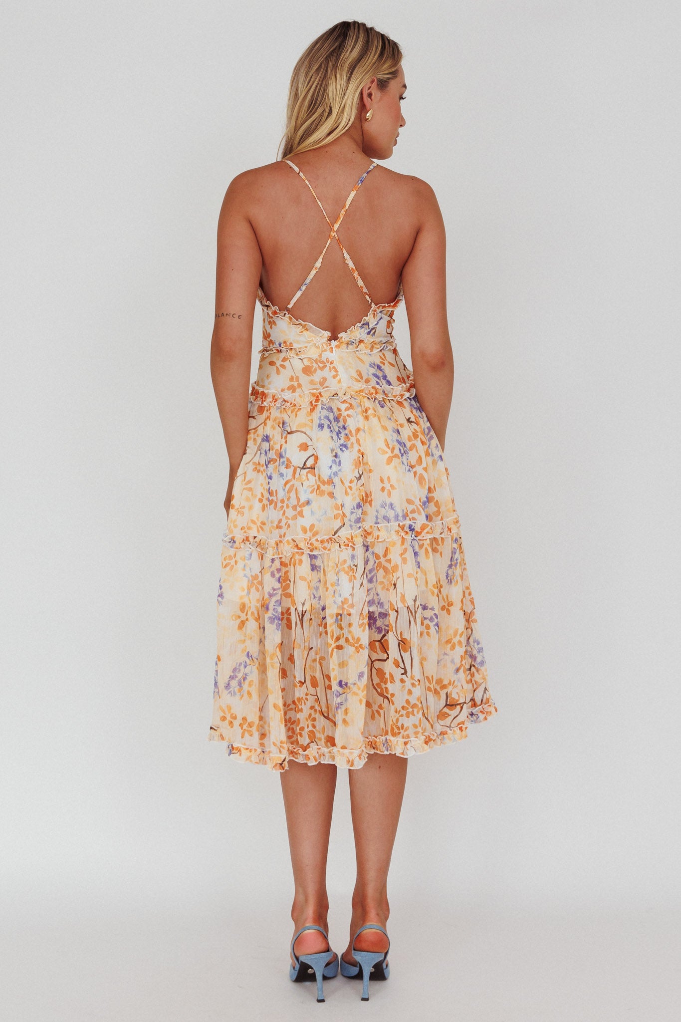 Laney Low Back Cami Strap Midi Dress Floral Orange by Selfie Leslie