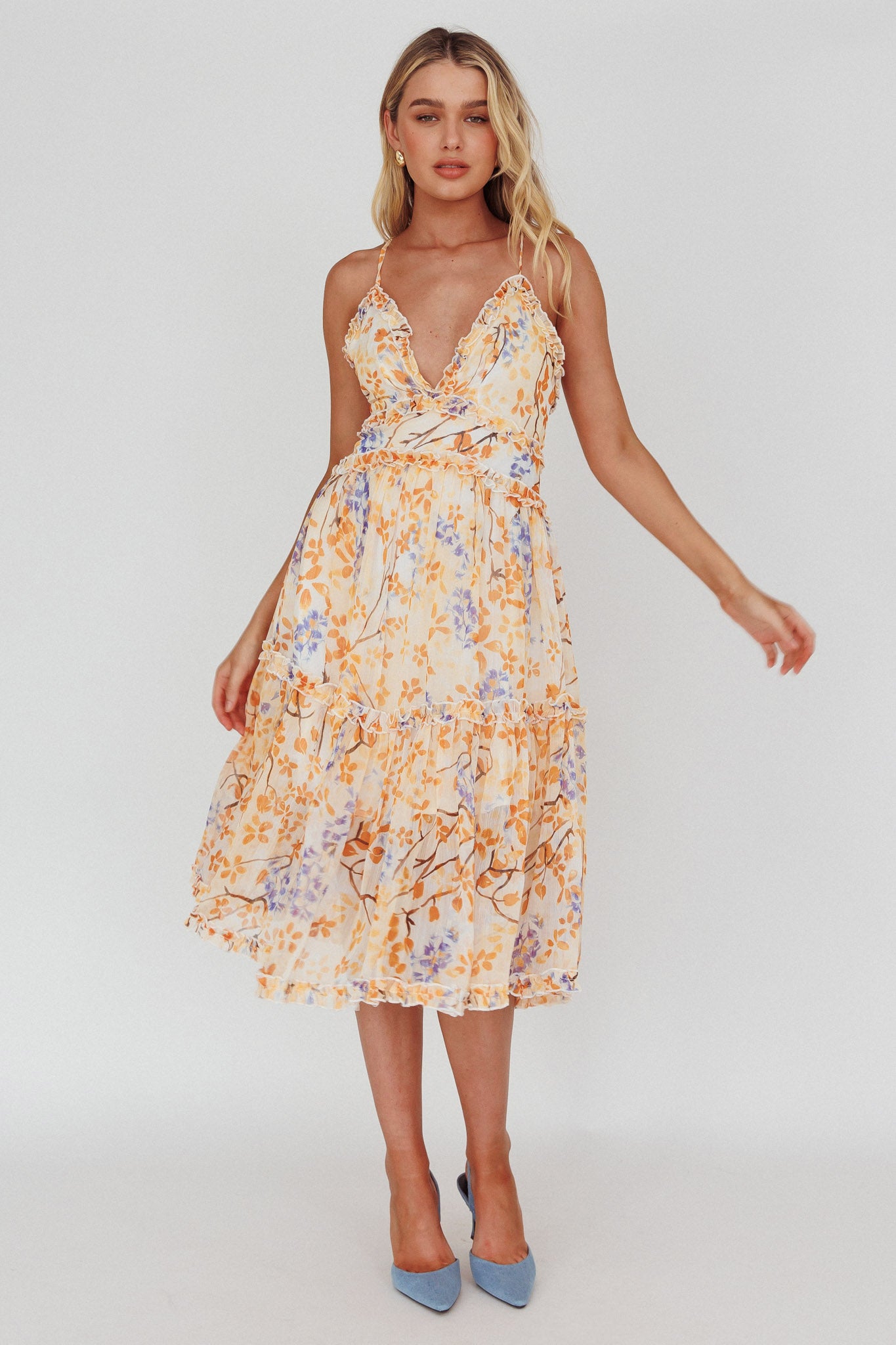 Laney Low Back Cami Strap Midi Dress Floral Orange by Selfie Leslie