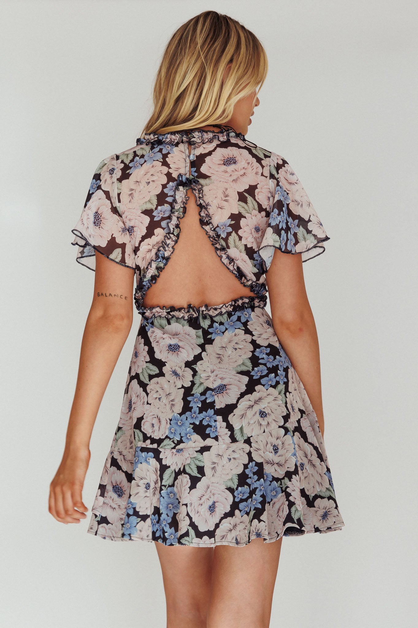 Laney Angel Sleeve Ruffle Dress Floral Blue by Selfie Leslie