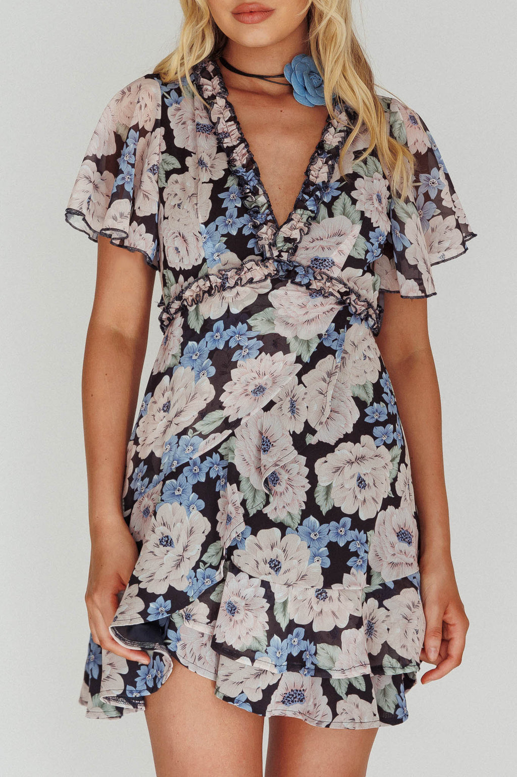 Laney Angel Sleeve Ruffle Dress Floral Blue by Selfie Leslie