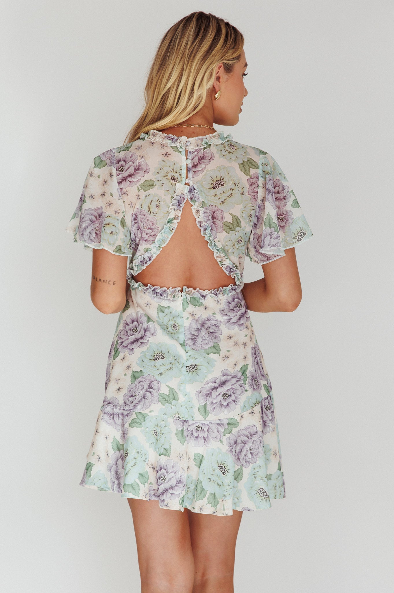 Laney Angel Sleeve Ruffle Dress Floral White by Selfie Leslie