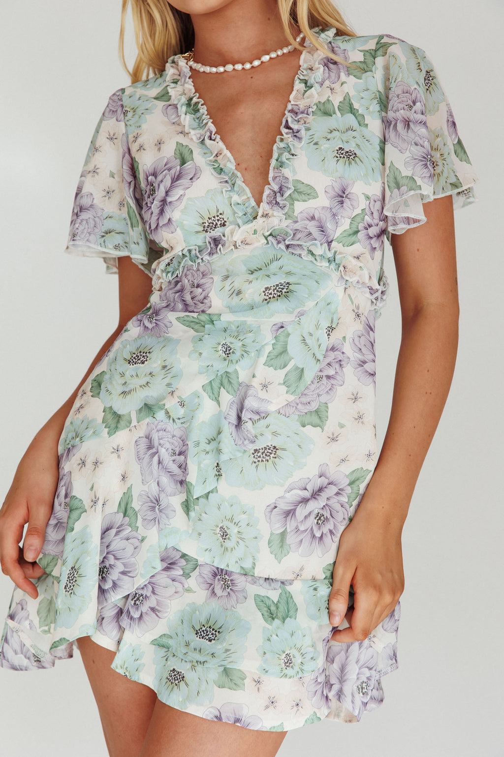 Laney Angel Sleeve Ruffle Dress Floral White by Selfie Leslie