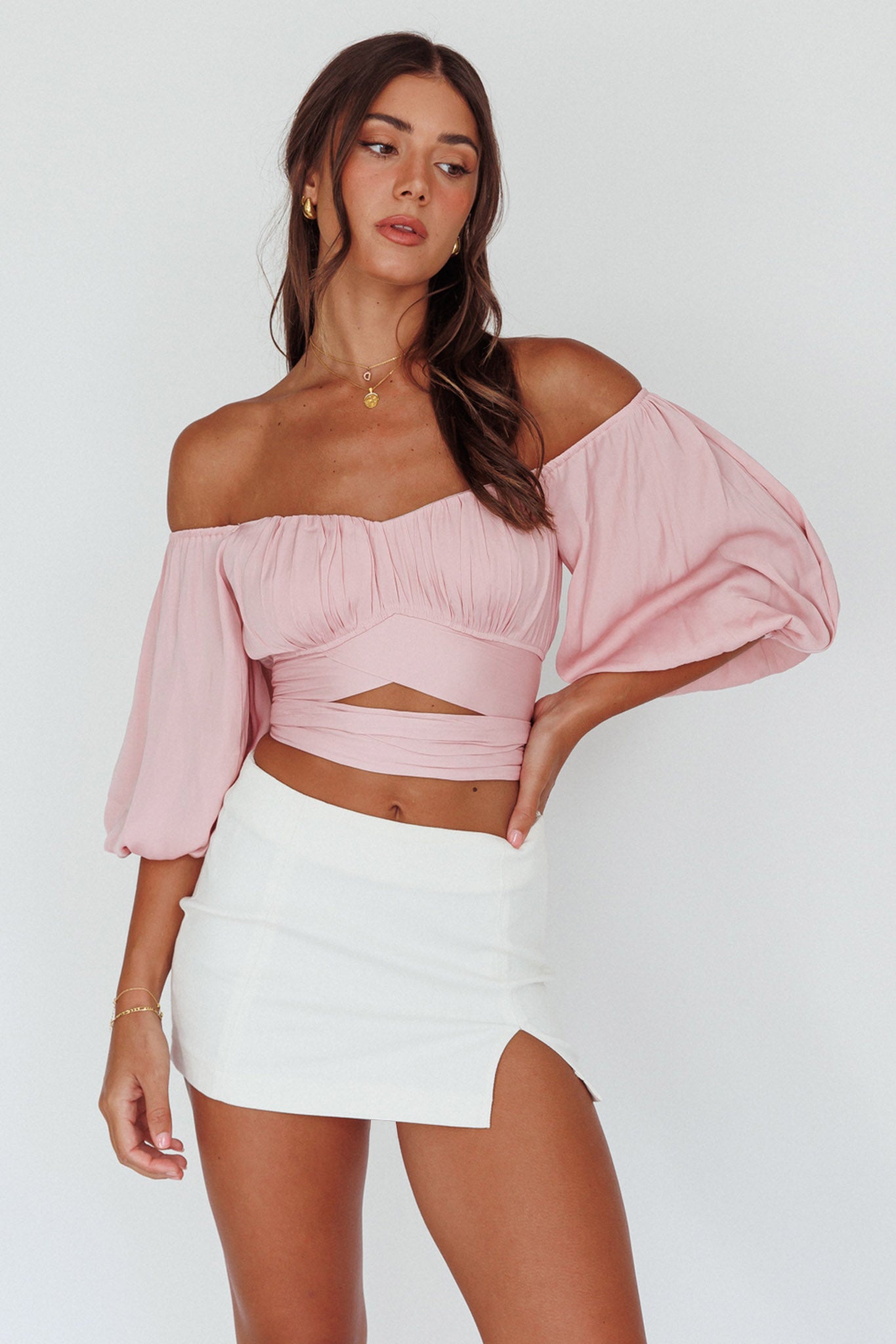 Linka Off-Shoulder Half Sleeve Tie-Back Crop Top Blush by Selfie Leslie