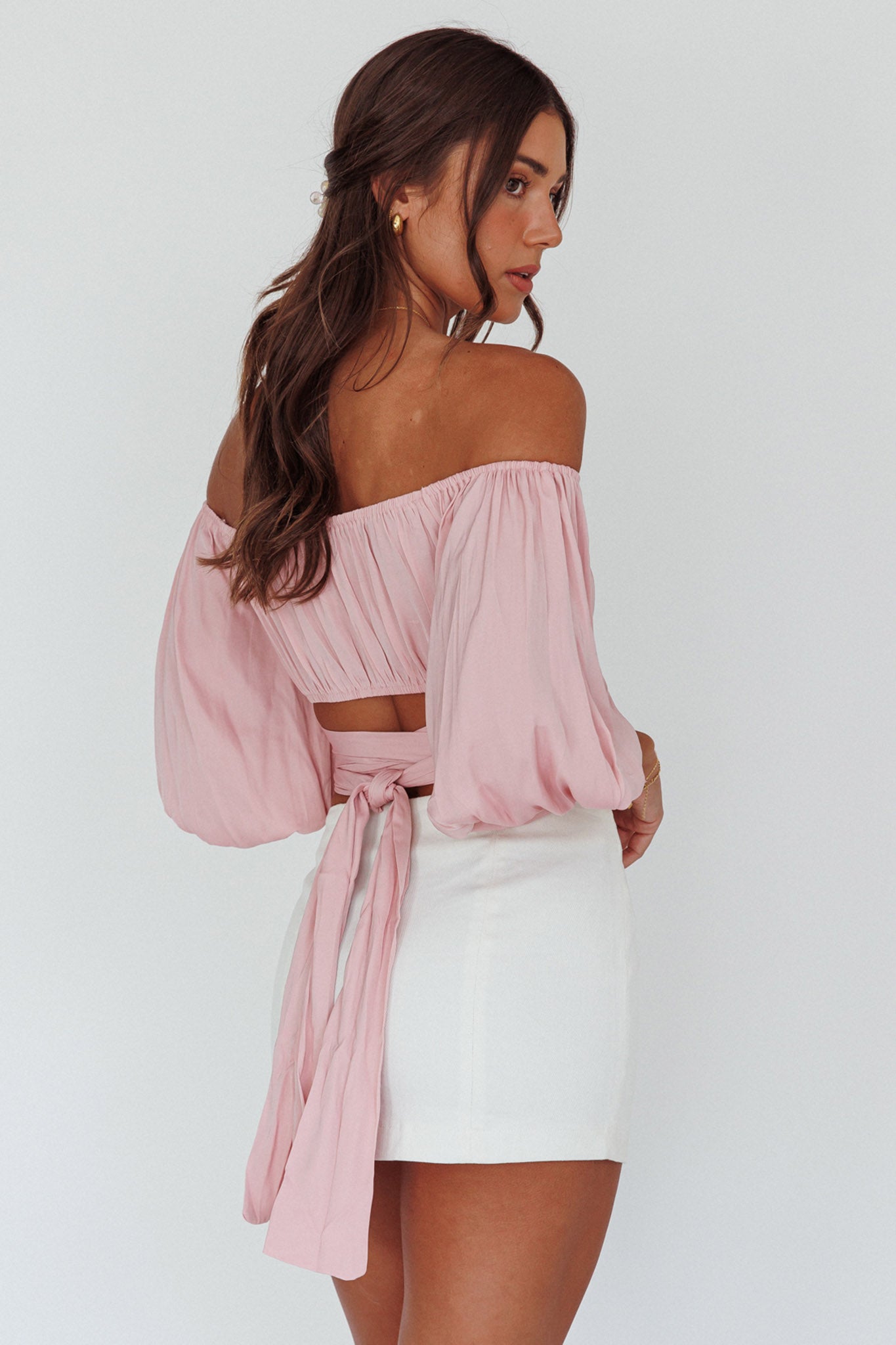 Linka Off-Shoulder Half Sleeve Tie-Back Crop Top Blush by Selfie Leslie